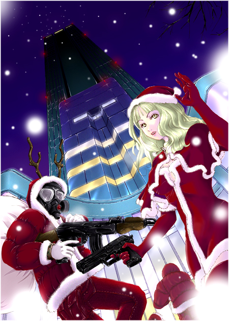 mr.romance, 1girl, 2boys, assault rifle, building, capelet, christmas, cityscape, coat, gun, handgun, looking up, mask, multiple boys, pistol, rifle, santa costume, snow, weapon