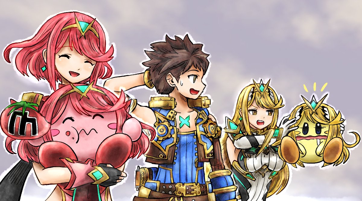 kicdon, kirby, mythra (xenoblade), pyra (xenoblade), rex (xenoblade), kirby (series), nintendo, super smash bros., xenoblade chronicles (series), xenoblade chronicles 2, 2girls, arm behind head, blonde hair, blush stickers, brown hair, closed eyes, colored skin, core crystal (xenoblade), cosplay, drooling, maxim tomato, multiple girls, mythra (xenoblade) (cosplay), open mouth, outline, pink skin, pyra (xenoblade) (cosplay), red hair, white outline, yellow eyes, yellow skin