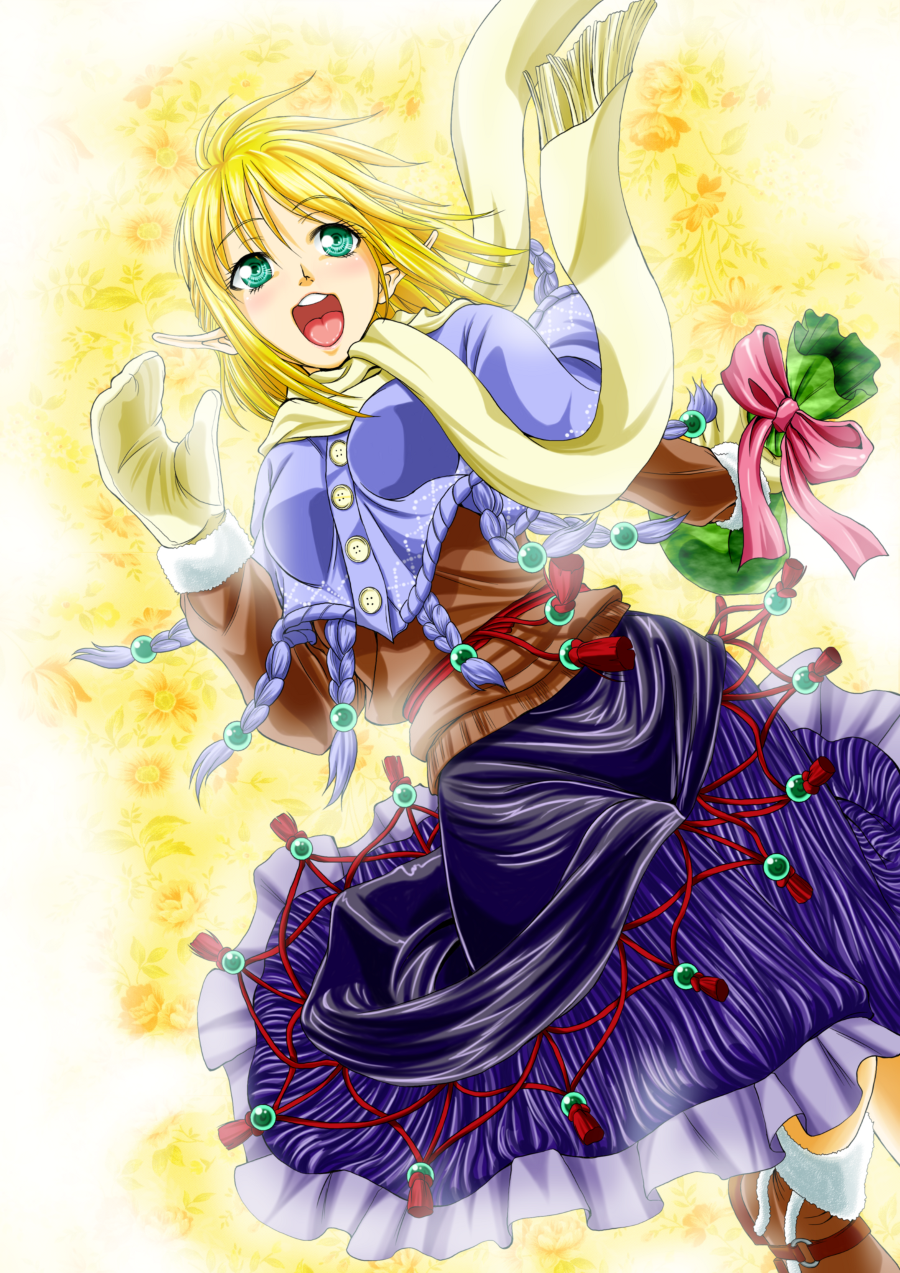 shiba meiji, mizuhashi parsee, touhou, commentary request, highres, 1girl, adapted costume, black skirt, blonde hair, blue capelet, blush, boots, breasts, brown boots, brown sweater, buttons, capelet, foot out of frame, frilled skirt, frills, green eyes, looking afar, medium breasts, mittens, open mouth, pointy ears, purple skirt, scarf, short hair, skirt, smile, solo, sweater, winter clothes, yellow background, yellow mittens, yellow scarf
