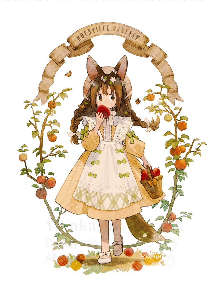 hinata (echoloveloli), original, commentary, symbol-only commentary, 1girl, animal ear fluff, animal ears, apple, apron, artist name, banner, basket, bow, bowtie, braid, branch, brown eyes, brown hair, brown hat, bug, butterfly, dress, eating, english text, floating hair, flower, food, footwear bow, fox ears, fox girl, fox tail, frilled apron, frills, fruit, full body, green bow, hair flower, hair ornament, hair ribbon, hand up, hat, hat on back, holding, holding basket, holding food, holding fruit, insect, long hair, long sleeves, looking to the side, low twin braids, orange butterfly, outdoors, puffy long sleeves, puffy sleeves, ribbon, shoes, sideways glance, simple background, solo, standing, standing on one leg, straight-on, tail, twin braids, walking, white apron, white background, white bow, white bowtie, white flower, white ribbon, white shoes, yellow dress