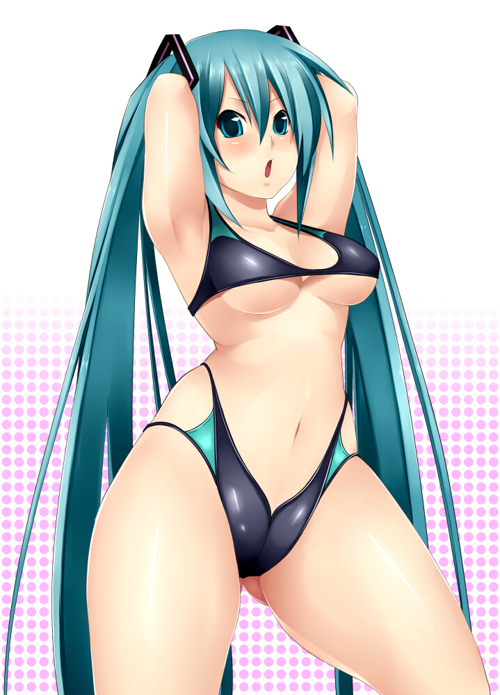 aoinagi, hatsune miku, vocaloid, 1girl, :o, aqua hair, armpits, arms behind back, bikini, black bikini, breasts, female focus, long hair, navel, solo, swimsuit, twintails, underboob