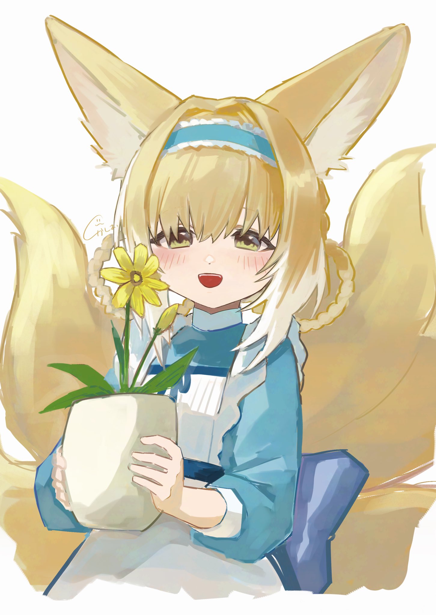 k-yosinori, suzuran (arknights), arknights, commentary, highres, 1girl, :d, animal ears, blonde hair, blue dress, blue hairband, blush, braid, braided hair rings, dress, flower, flower pot, fox ears, fox girl, fox tail, green eyes, hair rings, hairband, holding, holding flower, holding flower pot, kitsune, kyuubi, long sleeves, looking at viewer, multiple tails, official alternate costume, open mouth, plant, potted plant, puffy long sleeves, puffy sleeves, simple background, smile, solo, tail, teeth, twin braids, upper teeth only, white background, yellow flower