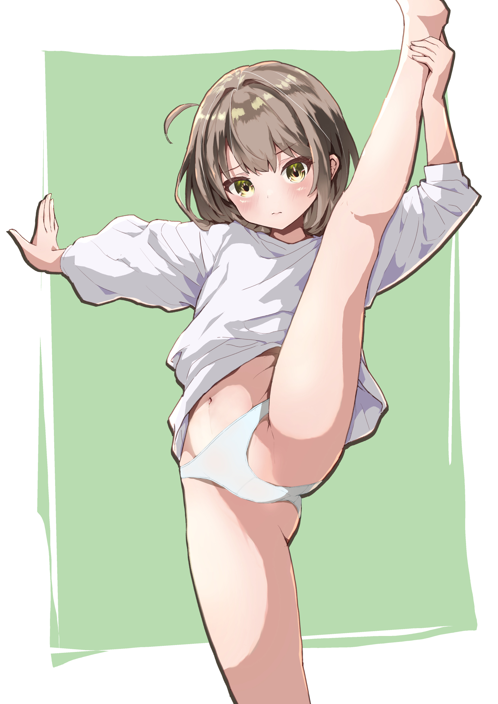 original, highres, 1girl, border, brown hair, expressionless, green background, hogihogi3ta, medium hair, panties, shirt, solo, split, standing, standing on one leg, standing split, underwear, white border, white panties, white shirt, yellow eyes