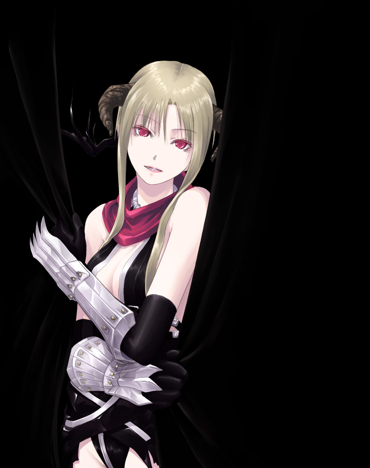 mr.romance, assassin cross (ragnarok online), succubus (ragnarok online), ragnarok online, 1girl, blonde hair, demon girl, female focus, horns, red eyes, red scarf, scarf, solo