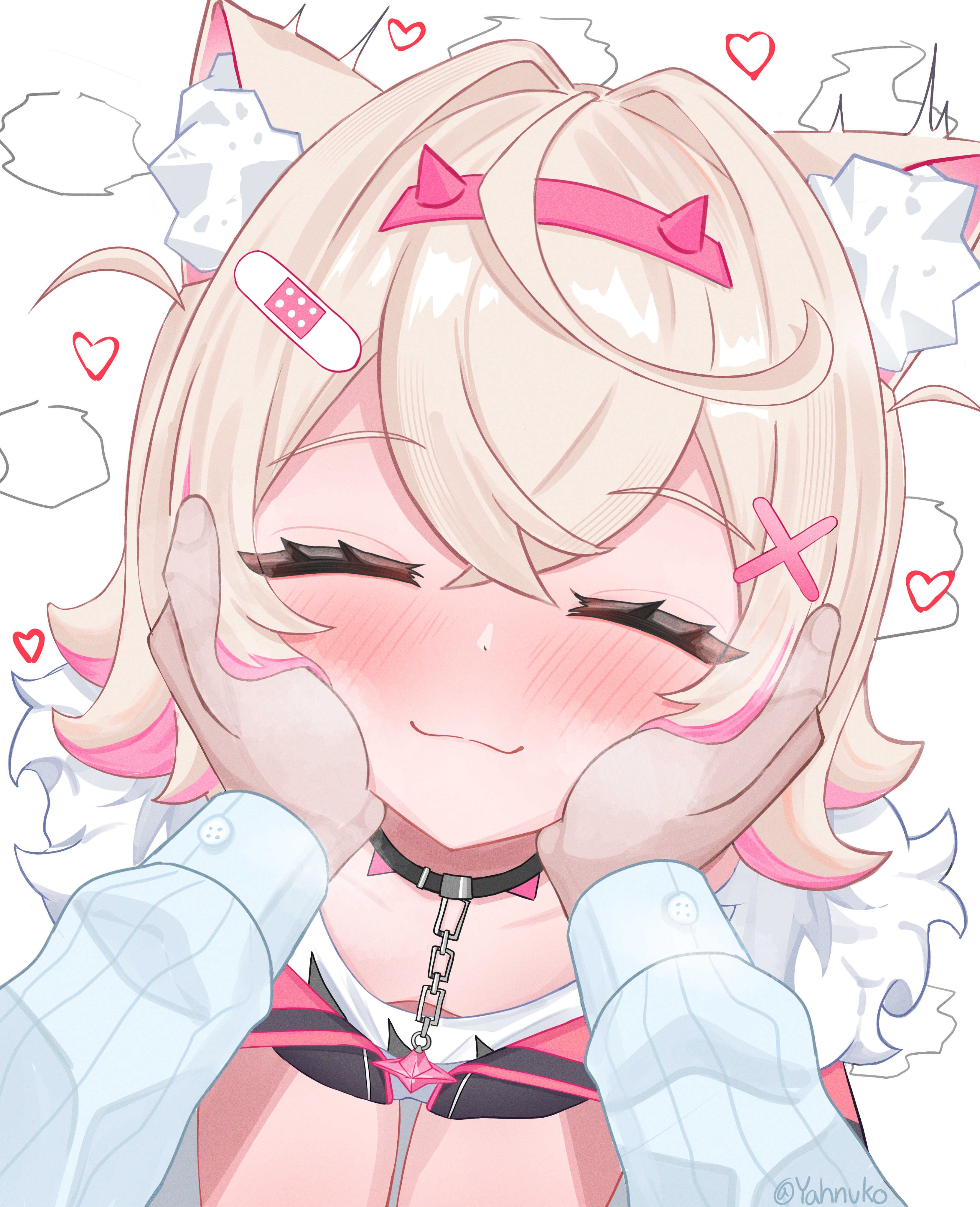yahnuko, mococo abyssgard, mococo abyssgard (1st costume), hololive, hololive english, absurdres, highres, animal ear fluff, animal ears, blonde hair, collar, dog ears, dog girl, hair ornament, hands on another's face, heart, jacket, multicolored hair, open mouth, pink hair, smile, streaked hair, virtual youtuber, white background, x hair ornament