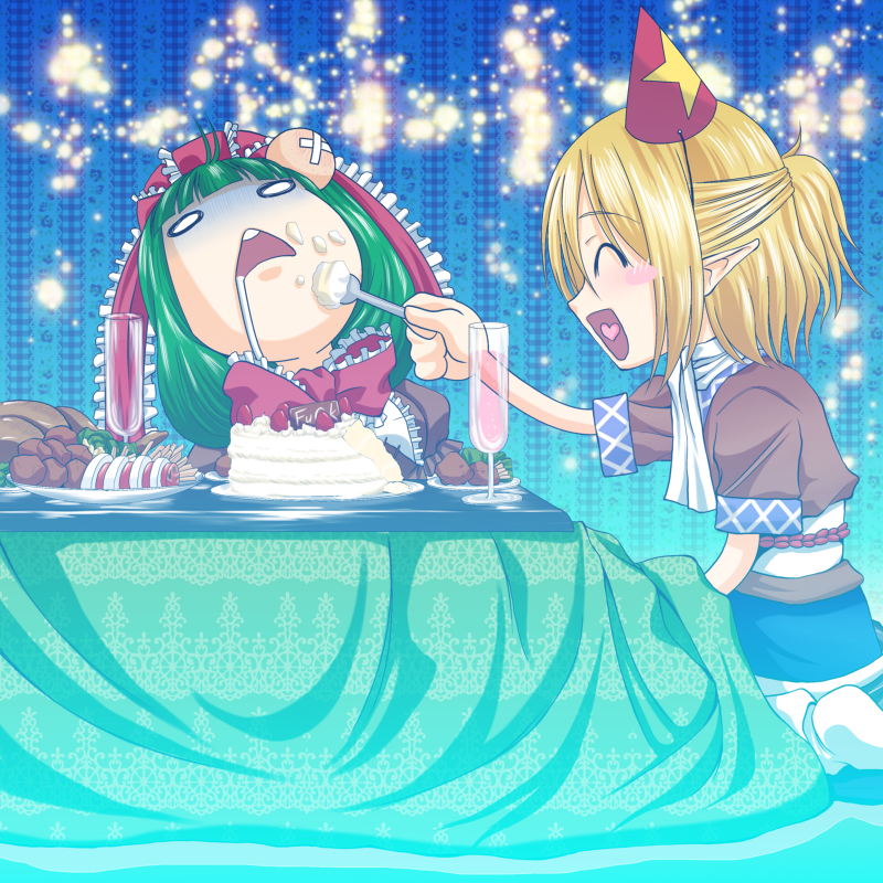 shiba meiji, kagiyama hina, mizuhashi parsee, touhou, commentary request, 2girls, alcohol, black skirt, blonde hair, blue background, blush, blush stickers, bow, brown shirt, cake, champagne, champagne flute, cowboy shot, cup, drinking glass, drooling, feeding, food, fork, french fries, frilled bow, frills, green hair, hair bow, half updo, hat, holding, holding fork, kotatsu, long hair, multiple girls, obi, open mouth, party hat, pointy ears, ponytail, red bow, sash, scarf, shirt, short hair, short ponytail, short sleeves, skirt, smile, table, triangle mouth, under kotatsu, under table, white sash, white scarf