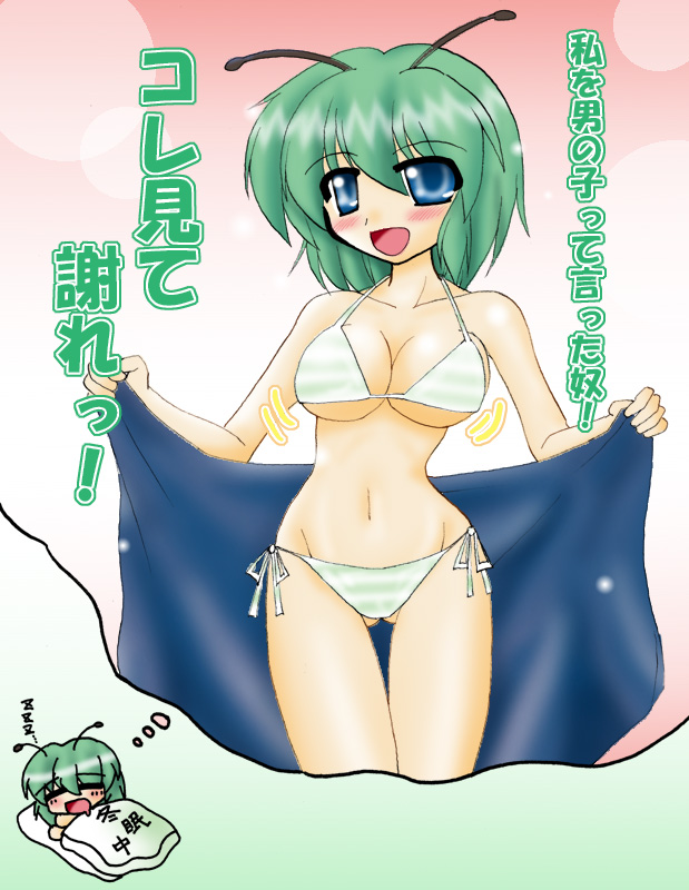 ryutotoranoikkiuchi, wriggle nightbug, touhou, bad id, bad pixiv id, translation request, 1girl, antennae, bikini, blue eyes, breasts, dreaming, female focus, green hair, hip focus, large breasts, quality, short hair, solo, swimsuit, white bikini, wide hips