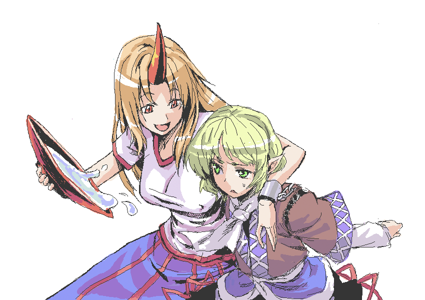 kumadano, hoshiguma yuugi, mizuhashi parsee, touhou, bad id, bad pixiv id, 2girls, arm around neck, blonde hair, chain, cup, female focus, green eyes, horns, long hair, multiple girls, orange hair, pointy ears, red eyes, sakazuki, shirt, short hair, single horn, smile, sweatdrop, taut clothes, taut shirt