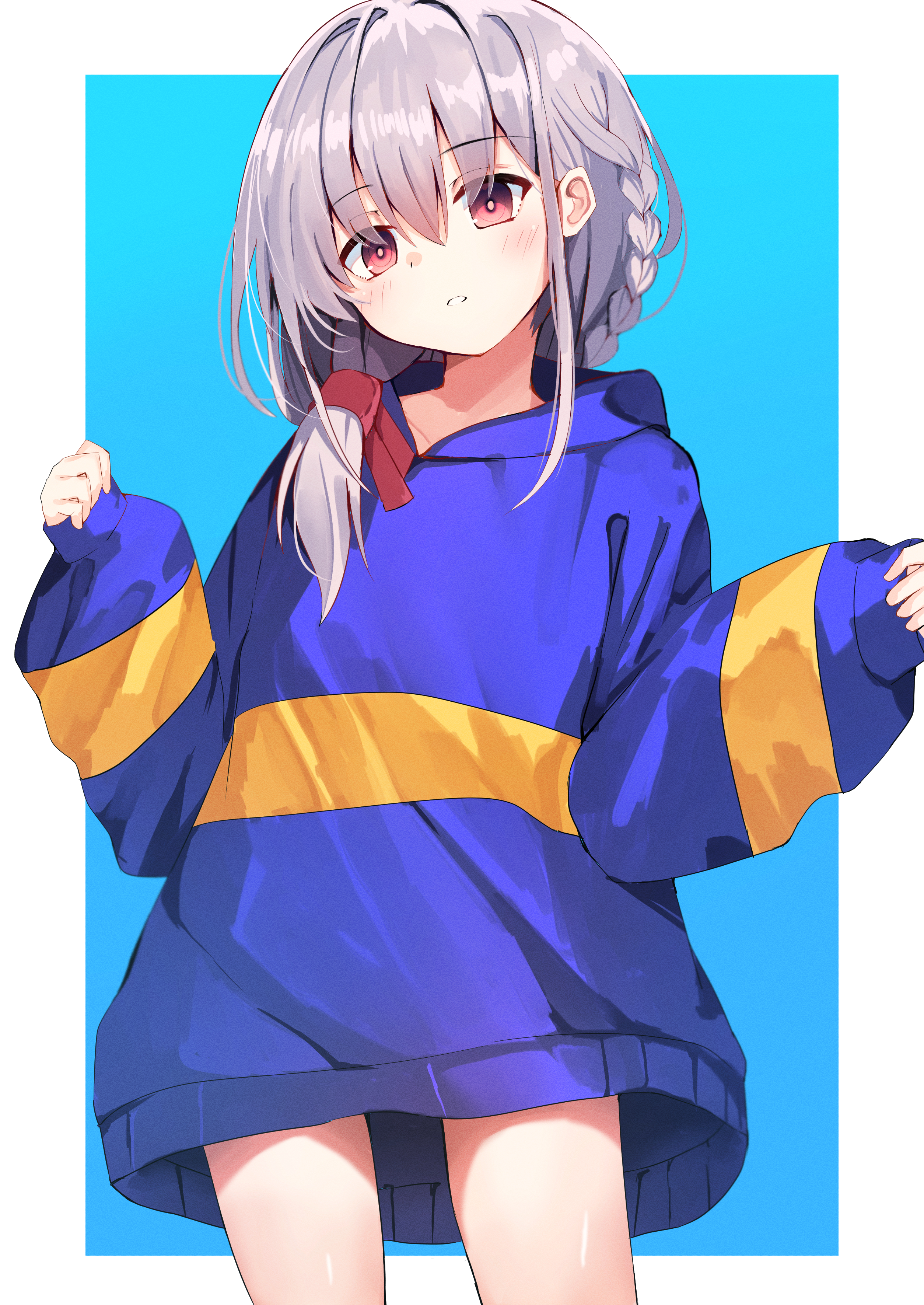 nodoameyatou, kotoyose fumino, nukigee mitai na shima ni sunderu watashi wa dou surya ii desu ka?, absurdres, commentary request, highres, 1girl, blue background, blue hoodie, blush, border, braid, cowboy shot, eyes visible through hair, grey hair, hair between eyes, hair intakes, hair ribbon, hands up, hood, hood down, hoodie, looking at viewer, medium hair, outside border, oversized clothes, parted lips, pink pupils, red eyes, red ribbon, ribbon, side braid, sidelocks, simple background, single braid, sleeves past wrists, solo, tress ribbon, white border