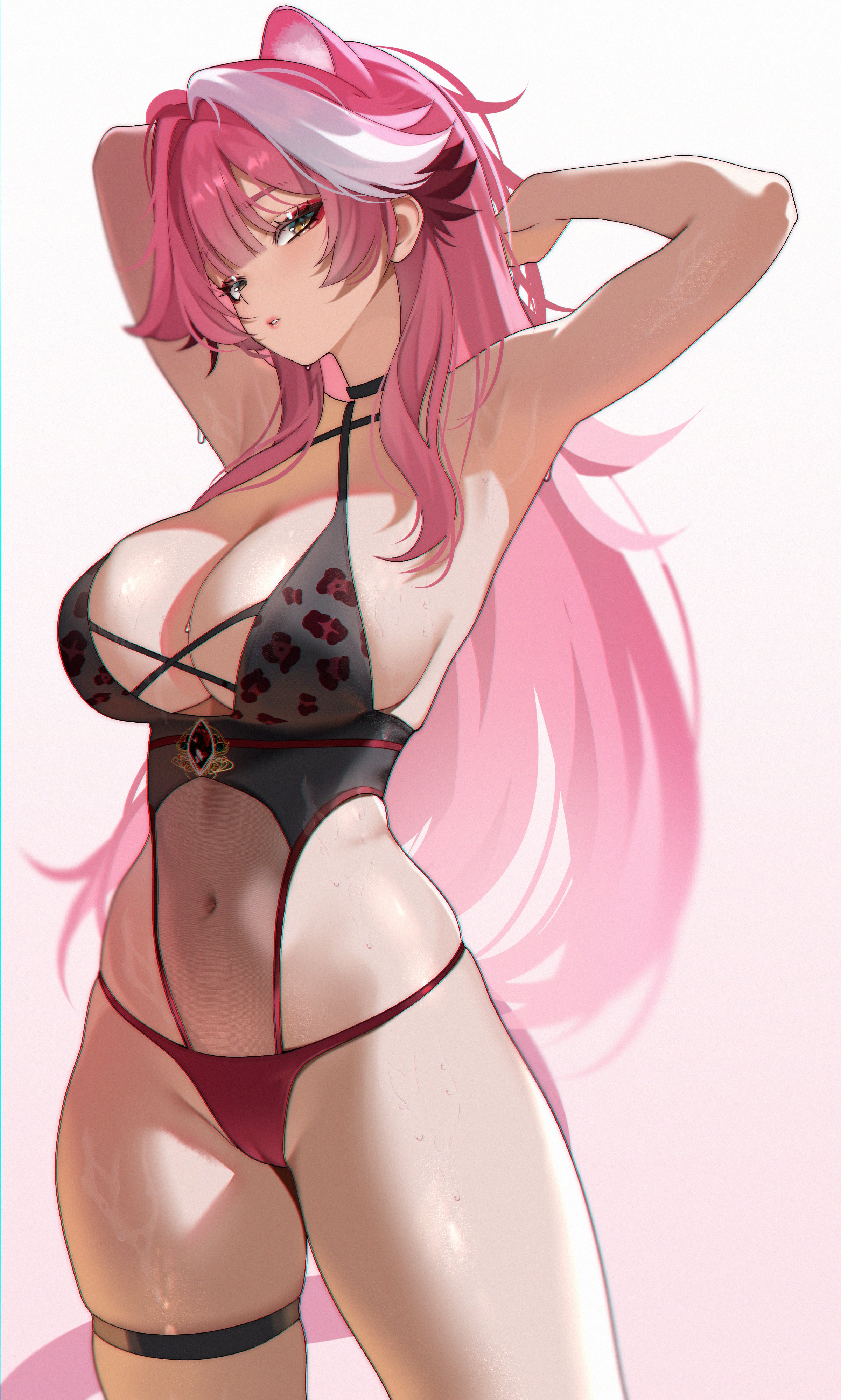 raituna, raora panthera, hololive, hololive english, absurdres, alt text, commentary, english commentary, highres, 1girl, animal ears, animal print, armpits, arms up, bikini, black bikini, black choker, breasts, choker, cleavage, criss-cross halter, extra ears, eyeshadow, gradient background, hair intakes, halterneck, large breasts, leopard print, leopard print bikini, long hair, makeup, multicolored hair, navel, panther ears, panther girl, panther tail, pink background, pink bikini, pink hair, pink lips, pink tail, print bikini, red eyeshadow, solo, streaked hair, swimsuit, tail, thigh strap, thighs, virtual youtuber, white background, white hair, yellow eyes