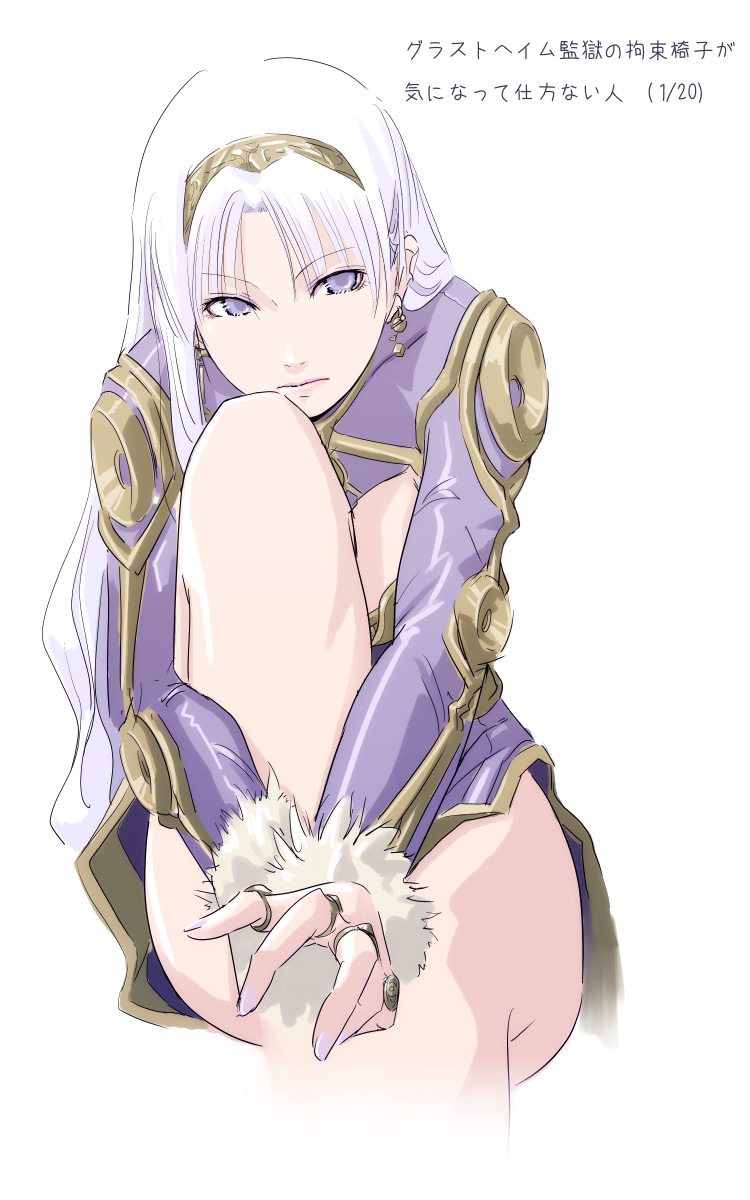 mr.romance, wizard (ragnarok online), ragnarok online, highres, earrings, hugging own legs, jewelry, long hair, ring, solo, white hair, wizard