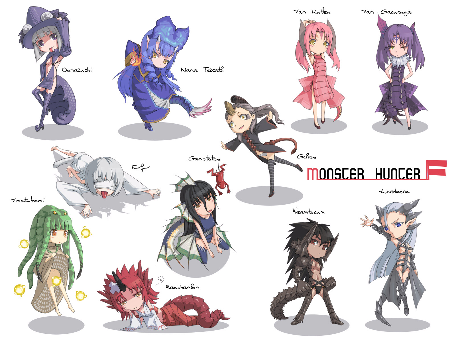 akinaie, akantor, chameleos, gypceros, khezu, kushala daora, lao-shan lung, lunastra, plesioth, yama tsukami, yian garuga, yian kut-ku, capcom, monster hunter (series), silver hair, annotation request, highres, 6+girls, armor, bandages, barefoot, black hair, blindfold, blue eyes, blue hair, breasts, brown eyes, censored, cleavage cutout, clothing cutout, convenient censoring, frog, hat, horns, long hair, medium breasts, monster girl, multiple girls, no panties, panties, personification, purple eyes, purple hair, red hair, short hair, small breasts, spiked hair, tail, thighhighs, thunder bug, tongue, underboob, underwear, upskirt, yellow eyes