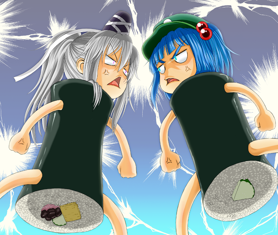 shiba meiji, kawashiro nitori, mononobe no futo, touhou, commentary request, 2girls, anger vein, blue background, blue eyes, blue hair, clenched hands, green hat, grey hair, hair bobbles, hair ornament, hat, high ponytail, lightning glare, long hair, multiple girls, newsboy cap, open mouth, ponytail, purple eyes, purple hat, short hair, sushi costume, tate eboshi, two side up