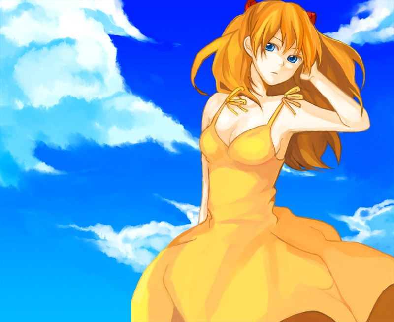 tama (songe), souryuu asuka langley, neon genesis evangelion, bad id, bad pixiv id, 1girl, adjusting hair, arm behind head, arm up, armpits, bare shoulders, blue eyes, blue sky, breasts, cleavage, cloud, day, dress, female focus, long hair, looking at viewer, no bra, orange hair, sky, solo, yellow dress