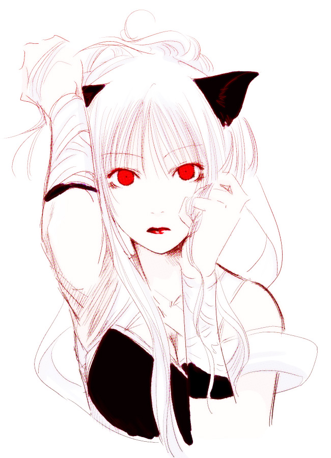 mr.romance, assassin (ragnarok online), kataasa-ko, katar assa child, ragnarok online, 1girl, albino, animal ears, armpits, assassin, cat ears, female focus, lips, lipstick, long hair, makeup, monochrome, red eyes, sketch, solo, spot color, white hair