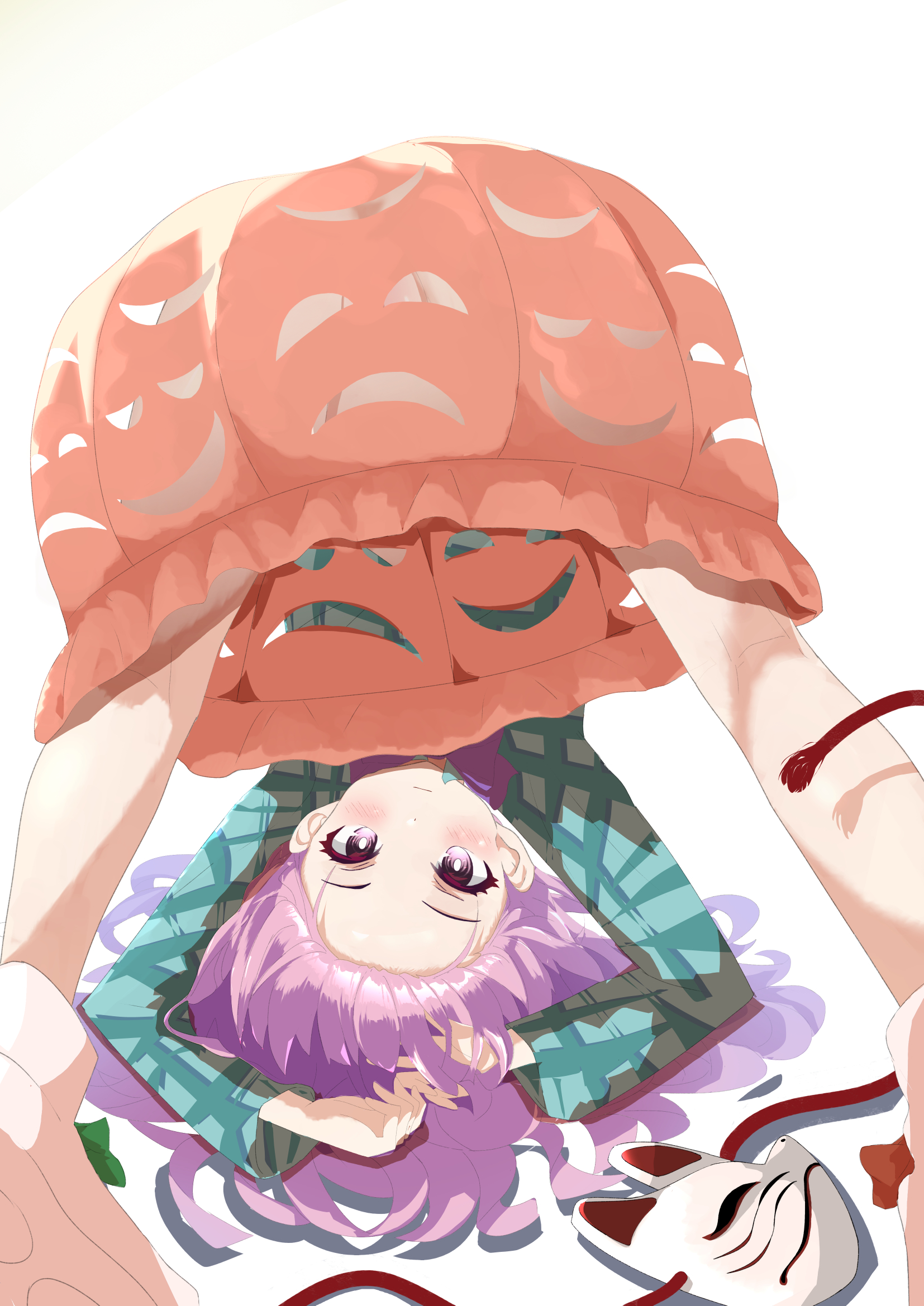 hata no kokoro, touhou, highres, 1girl, fox mask, green shirt, hogihogi3ta, looking at viewer, mask, no panties, orange skirt, purple eyes, purple hair, shirt, simple background, skirt, solo, top-down bottom-up, white background