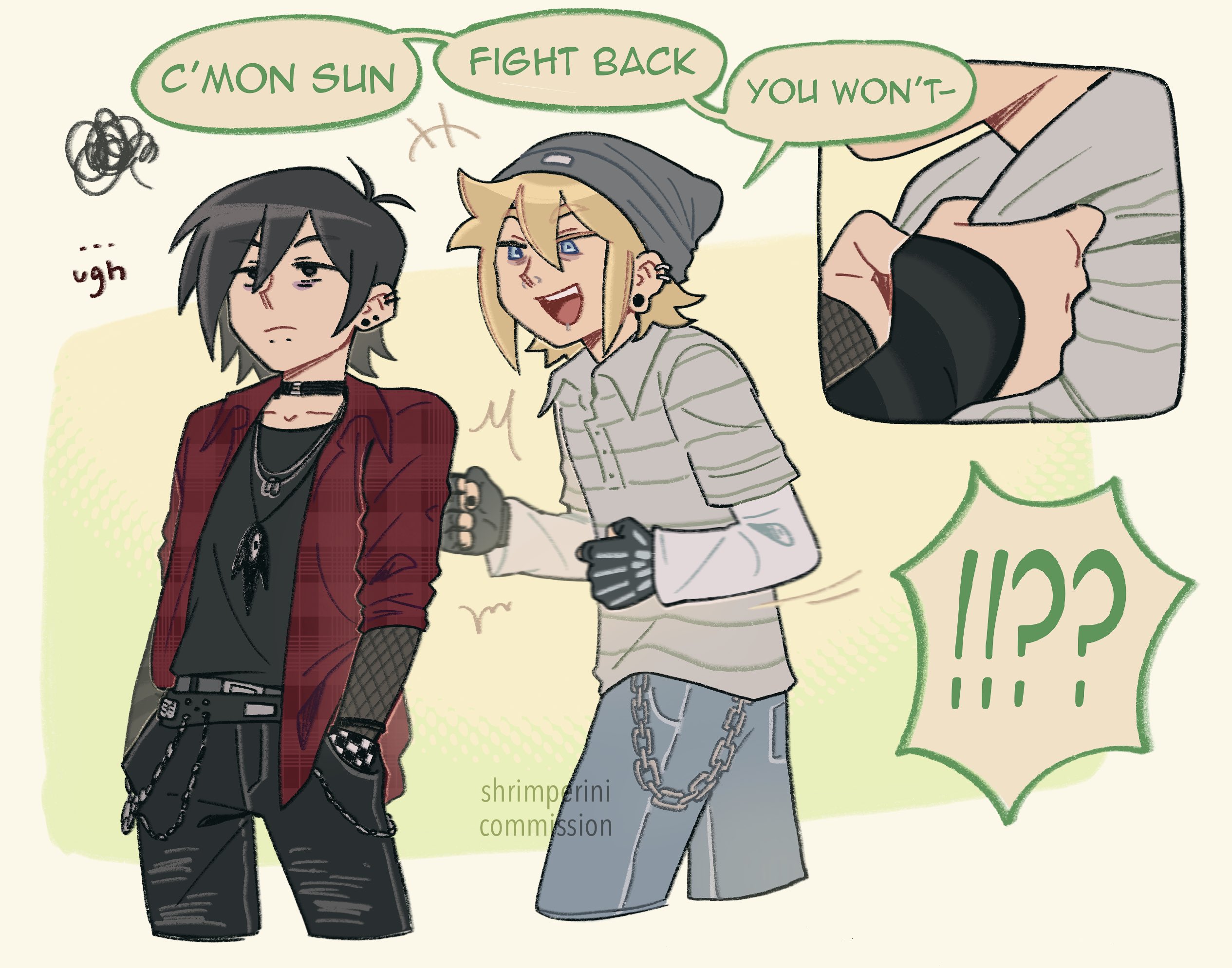 shrimperini, basil (faraway) (omori), basil (omori), something (omori), sunny (omori), omori, commentary, commission, english commentary, highres, !?, +++, …, 2boys, :d, antenna hair, artist name, bags under eyes, beanie, belt, black belt, black choker, black eyes, black gloves, black nails, black pants, black shirt, blonde hair, blue eyes, blue pants, border, bracelet, chain, choker, clenched hands, collarbone, collared jacket, collared shirt, cropped legs, denim, double-parted bangs, ear piercing, earrings, elbow gloves, emori (shrimperini), english text, face piercing, fingerless gloves, fishnet gloves, fishnets, frown, gloves, grey hat, grey shirt, hair between eyes, hands in pockets, hat, jacket, jeans, jewelry, layered sleeves, long sleeves, male focus, mouth piercing, multiple boys, nail polish, necklace, no sclera, nose piercing, open clothes, open jacket, open mouth, outside border, pants, piercing, plaid clothes, plaid jacket, pulling another's clothes, red jacket, shirt, short hair, short over long sleeves, short sleeves, simple background, smile, speech bubble, squiggle, standing, striped clothes, striped shirt, teeth, three-quarter sleeves, tongue, upper teeth only, watermark, white shirt, yellow background, yellow border