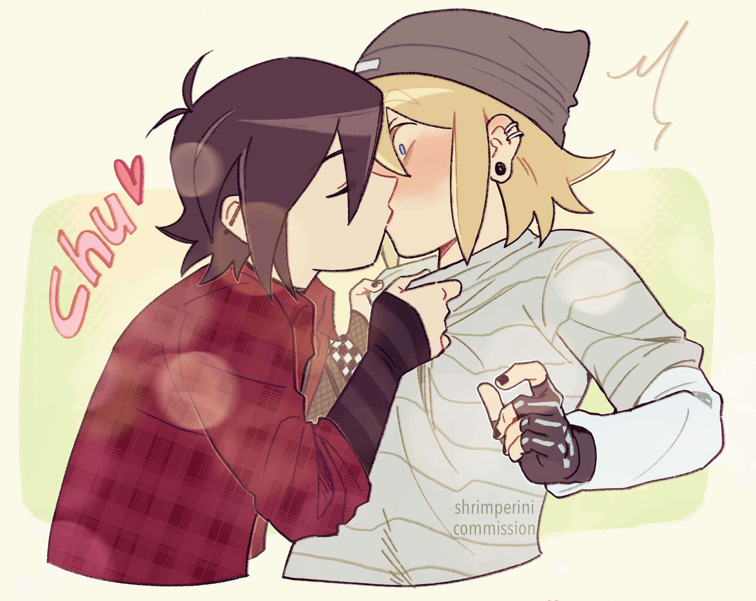 shrimperini, basil (faraway) (omori), basil (omori), sunny (omori), omori, commentary, commission, english commentary, highres, 2boys, alternate universe, antenna hair, artist name, asymmetrical gloves, bags under eyes, beanie, black choker, black eyes, black gloves, blonde hair, blue eyes, blush, border, choker, closed eyes, collared jacket, collared shirt, cropped torso, double-parted bangs, ear piercing, earrings, elbow gloves, emori (shrimperini), english text, face-to-face, facing another, fingerless gloves, fishnet gloves, fishnets, gloves, grey hat, grey shirt, hair between eyes, hat, jacket, jewelry, kiss, layered sleeves, light particles, long sleeves, looking at another, male focus, mismatched gloves, multiple boys, no sclera, nose blush, outside border, piercing, plaid clothes, plaid jacket, profile, pulling another's clothes, red jacket, shirt, short hair, short over long sleeves, short sleeves, simple background, striped clothes, striped gloves, striped shirt, u u, watermark, white shirt, wristband, yaoi, yellow background, yellow border
