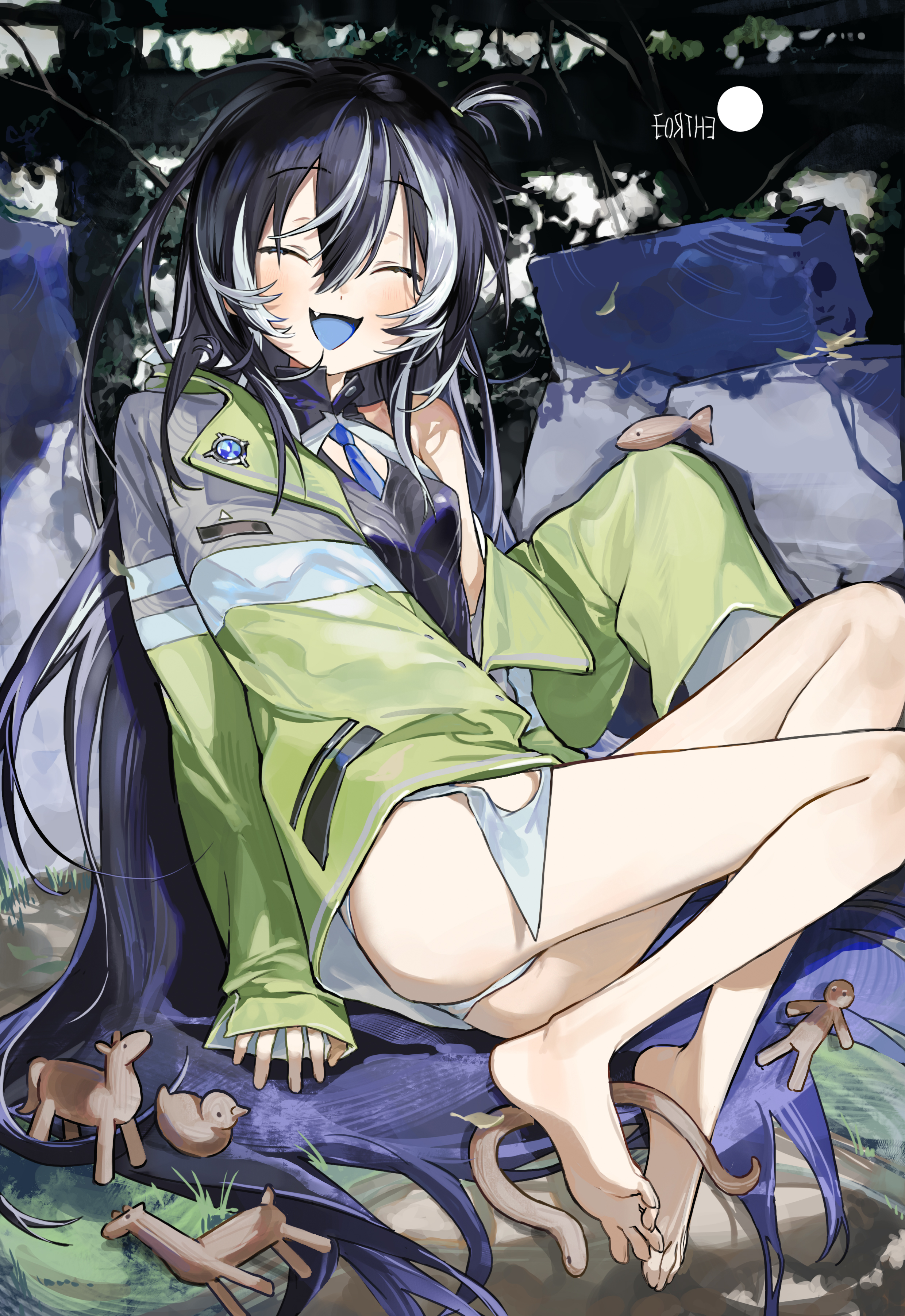 seeshin see, original, absurdres, commentary, highres, 1girl, :d, ^ ^, bare legs, barefoot, black hair, black shirt, blue necktie, blue tongue, breasts, brooch, closed eyes, clothing cutout, colored tongue, fang, full body, green jacket, hair between eyes, hand up, high collar, holding, holding toy, jacket, jewelry, leaning back, legs up, long hair, long sleeves, messy hair, multicolored hair, multicolored jacket, necktie, no pants, off-shoulder jacket, off shoulder, one side up, open mouth, outdoors, panties, shirt, single bare shoulder, single sleeve past fingers, sitting, sleeveless, sleeveless shirt, small breasts, smile, solo, toy, underwear, very long hair, white hair, white panties