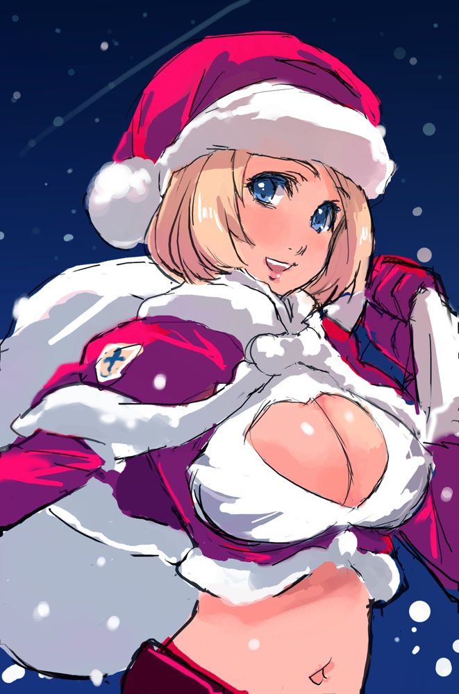 matsumoto noriyuki, 1girl, blonde hair, blue eyes, breasts, capelet, christmas, cleavage, cleavage cutout, clothing cutout, crop top, female focus, hat, large breasts, midriff, night, sack, santa costume, santa hat, short hair, snow, solo
