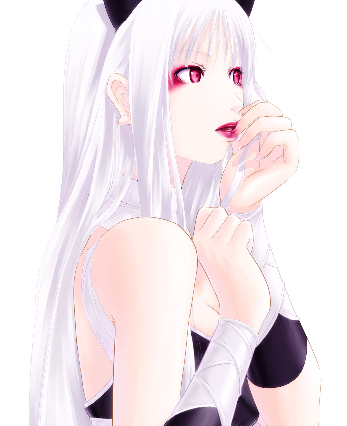 mr.romance, assassin (ragnarok online), kataasa-ko, katar assa child, ragnarok online, 1girl, albino, animal ears, assassin, cat ears, female focus, lips, lipstick, long hair, makeup, red eyes, solo, white hair