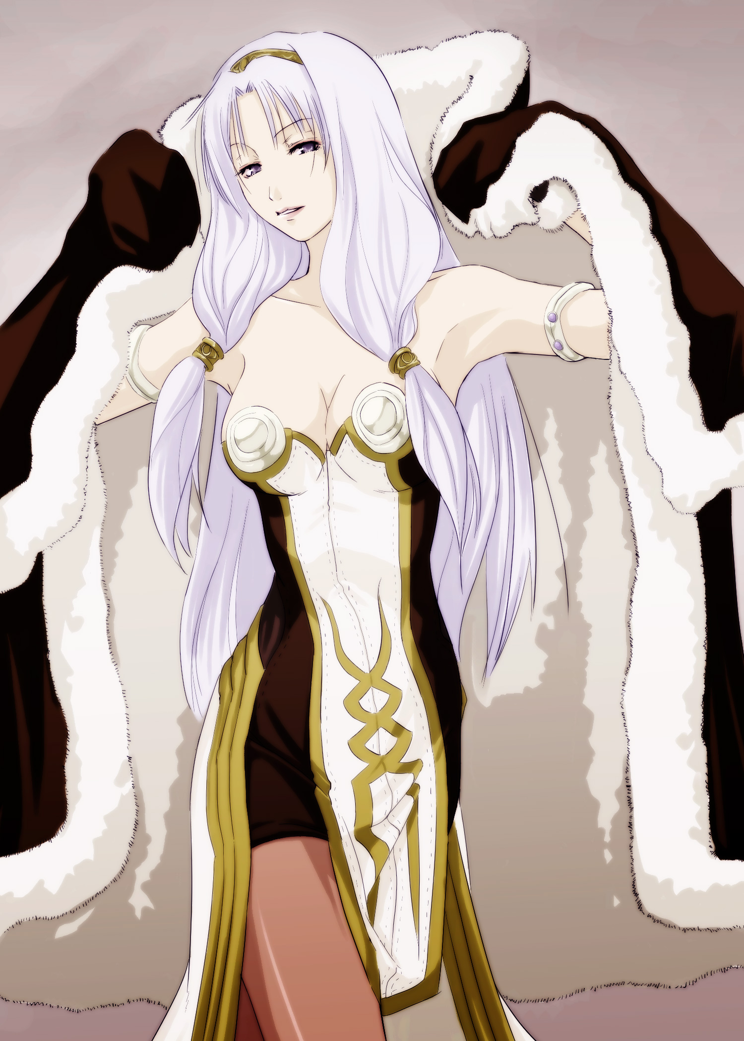 mr.romance, high wizard (ragnarok online), ragnarok online, highres, 1girl, armlet, armpits, breasts, cleavage, coat, female focus, fur coat, jewelry, long hair, pantyhose, purple eyes, purple hair, solo