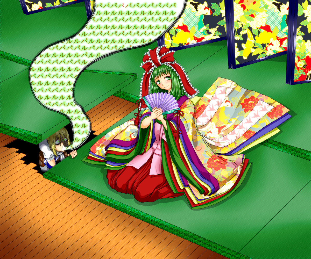 shiba meiji, kagiyama hina, mizuhashi parsee, hinamatsuri, touhou, commentary request, 2girls, arm warmers, blonde hair, blush, bow, closed mouth, floral print, floral print kimono, folding fan, folding screen, frilled bow, frills, full body, green eyes, green hair, hair bow, hand fan, japanese clothes, kimono, long hair, long sleeves, looking at another, looking at viewer, multiple girls, open mouth, paru paru, print kimono, red bow, red kimono, seiza, shaded face, short hair, sitting, smile, tatami, wide sleeves, wooden floor