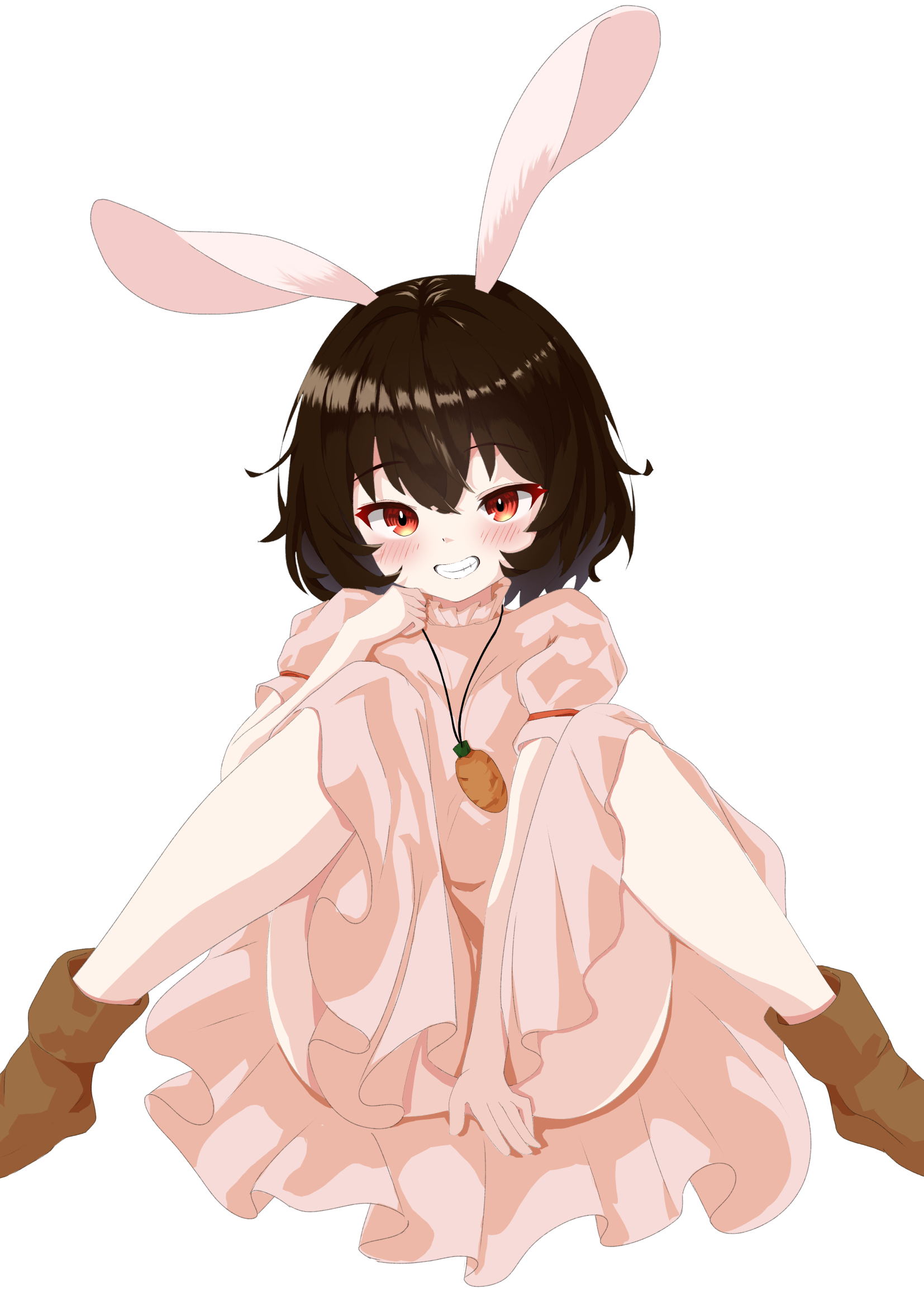 inaba tewi, touhou, highres, 1girl, animal ears, black hair, brown shoes, dress, grin, hogihogi3ta, looking at viewer, m legs, no panties, petite, pink dress, rabbit ears, rabbit girl, red eyes, shoes, short hair, simple background, sitting, smile, solo, spread legs, white background