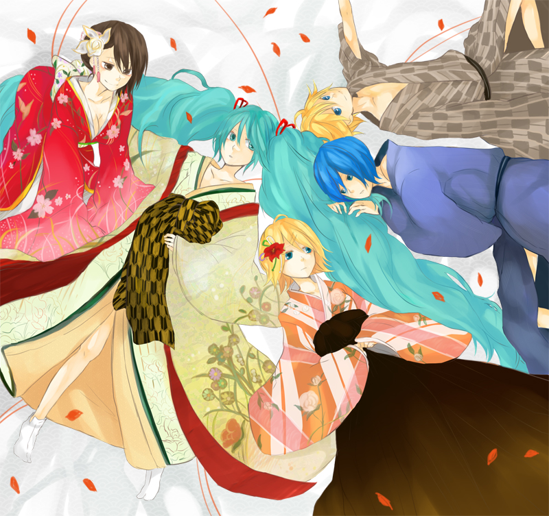 tama (songe), hatsune miku, kagamine len, kagamine rin, kaito (vocaloid), meiko (vocaloid), vocaloid, bad id, bad pixiv id, 2boys, 3girls, blonde hair, blue hair, brown hair, japanese clothes, kimono, layered clothes, layered kimono, long hair, lying, multiple boys, multiple girls, seigaiha, short hair, tabi, twintails, very long hair, yagasuri