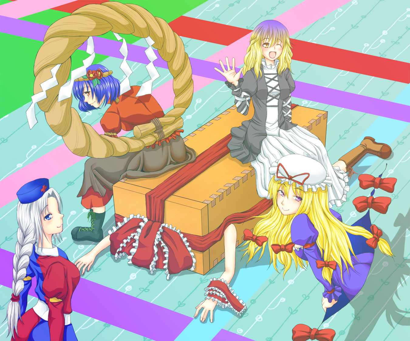 shiba meiji, hijiri byakuren, kagiyama hina, yagokoro eirin, yakumo yukari, yasaka kanako, hinamatsuri, touhou, commentary request, 5girls, :d, black boots, black dress, blonde hair, blue dress, blue eyes, blue hat, blush, boots, bow, braid, braided ponytail, breasts, brown boots, brown eyes, brown skirt, closed mouth, cross-laced clothes, cross-laced dress, dress, frilled bow, frills, full body, gap (touhou), gradient hair, hair bow, hair ribbon, hat, juliet sleeves, layered dress, leaning forward, long hair, long sleeves, looking at viewer, medium breasts, mob cap, multicolored hair, multiple girls, nurse cap, one eye closed, open mouth, puffy sleeves, purple dress, purple hair, red bow, red dress, red ribbon, ribbon, rope, shide, shimenawa, short hair, skirt, smile, two-tone dress, waving, white dress, white hair, white hat