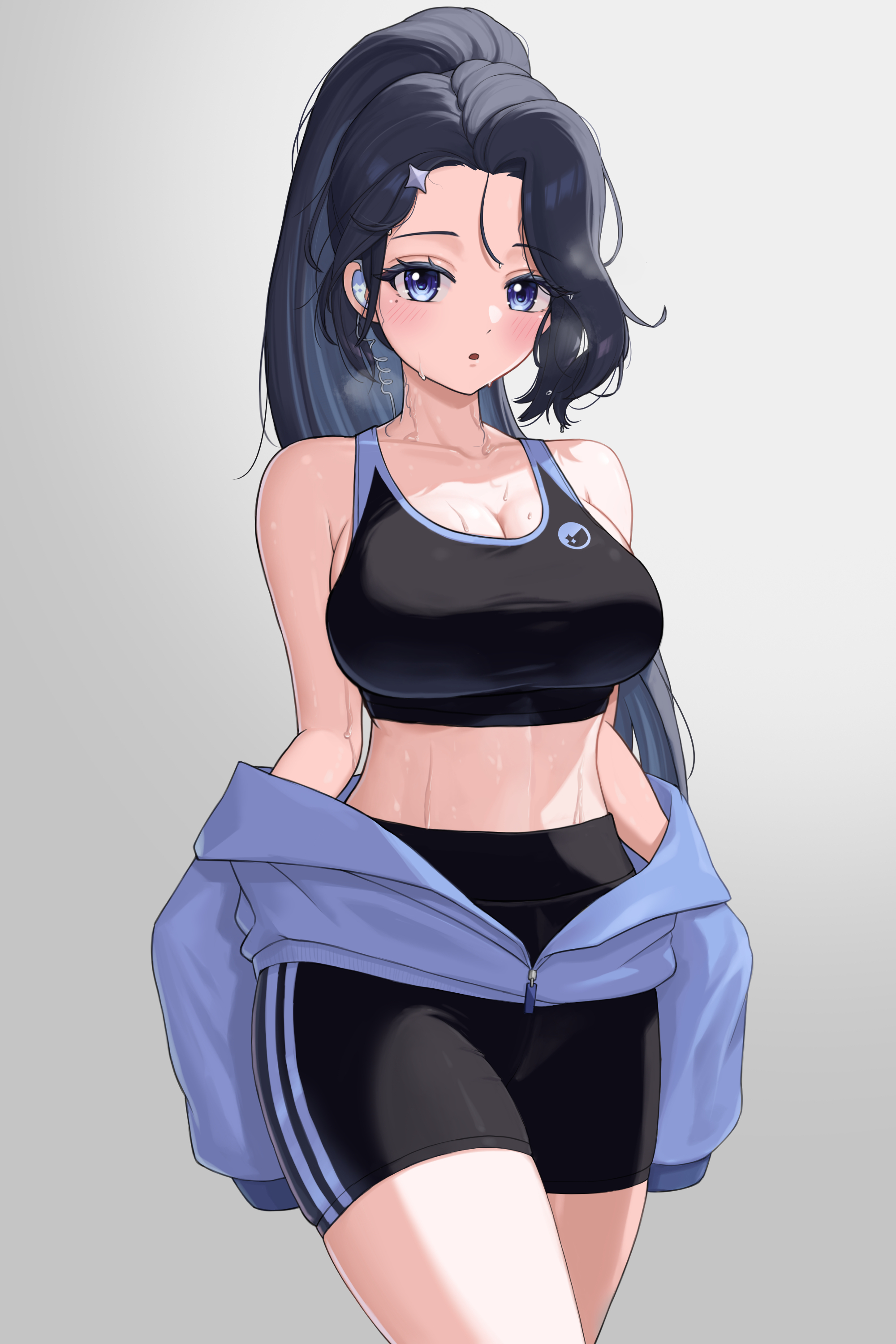 mirae d2oop, ive (stellive), stellive, absurdres, commentary, english commentary, highres, 1girl, :o, black hair, black shorts, black sports bra, blue jacket, breasts, cleavage, collarbone, cowboy shot, earpiece, forehead, gradient background, grey background, jacket, jacket partially removed, large breasts, linea alba, long hair, looking at viewer, midriff, no shirt, parted lips, ponytail, shorts, solo, sports bra, sportswear, standing, steam, steaming body, sweat, virtual youtuber