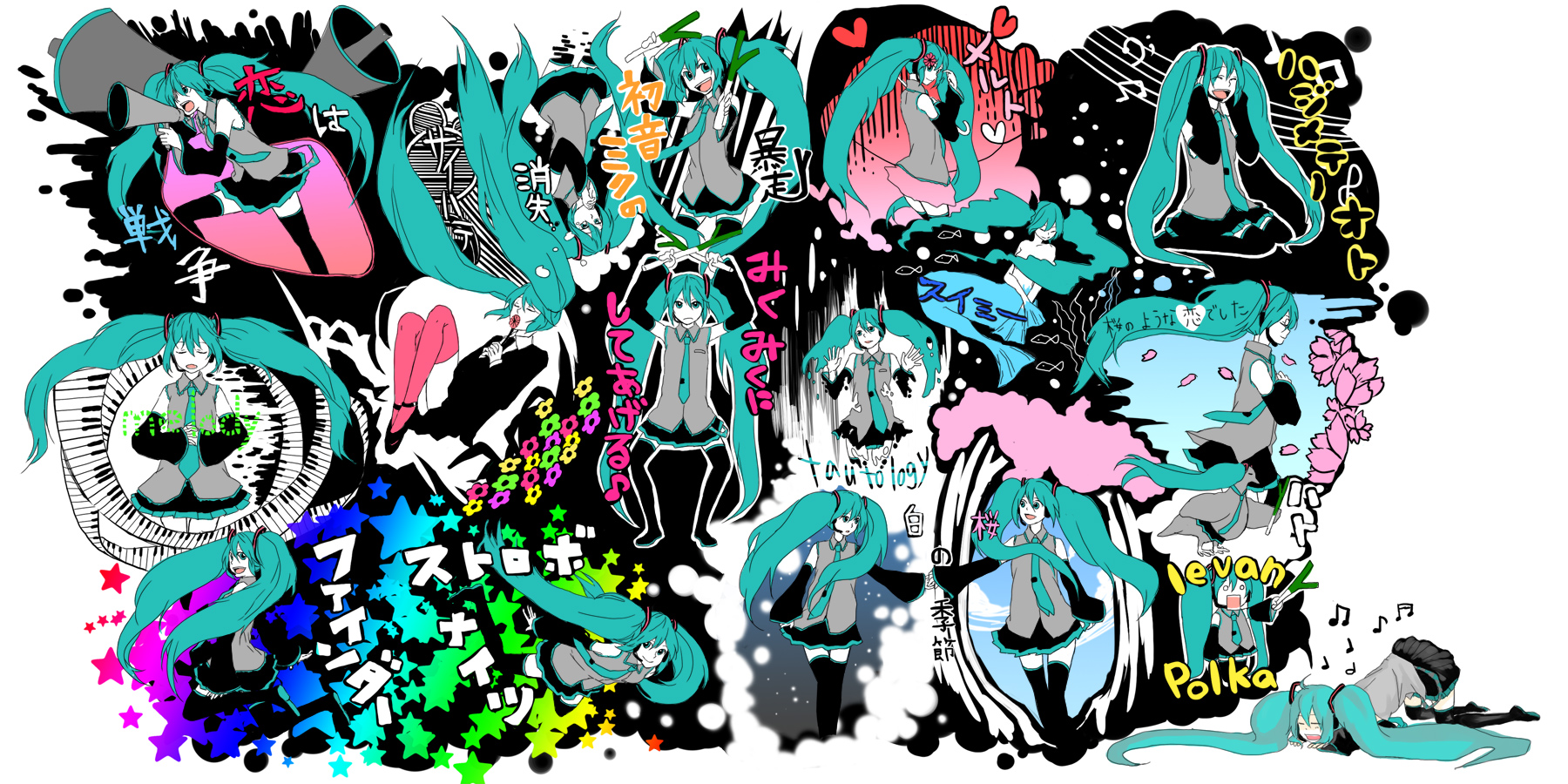 tama (songe), hachune miku, hatsune miku, hatsune miku no shoushitsu (vocaloid), ievan polkka (vocaloid), koi wa sensou (vocaloid), melt (vocaloid), miku miku ni shite ageru (vocaloid), saihate (vocaloid), swimmy (vocaloid), vocaloid, bad id, bad pixiv id, highres, 6+girls, aqua hair, detached sleeves, leekspin (meme), long hair, meme, multiple girls, multiple persona, musical note, necktie, skirt, songover, spring onion, thighhighs, twintails