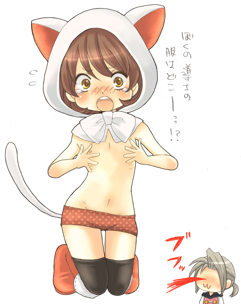 hoshino (d-magic), hoshino (nia hoshino), arc, arc (ff3), devout, luneth, seer, final fantasy, final fantasy iii, translation request, 1990s (style), 2boys, :3, animal ears, animal hood, blood, blush, bow, brown eyes, brown hair, cat boy, cat ears, cat hood, cat tail, chibi, chibi inset, flat chest, freckles, grey hair, hood, male focus, multiple boys, nipples, nosebleed, open mouth, puffy cheeks, retro artstyle, ribs, tail, thighhighs, topless male, trap