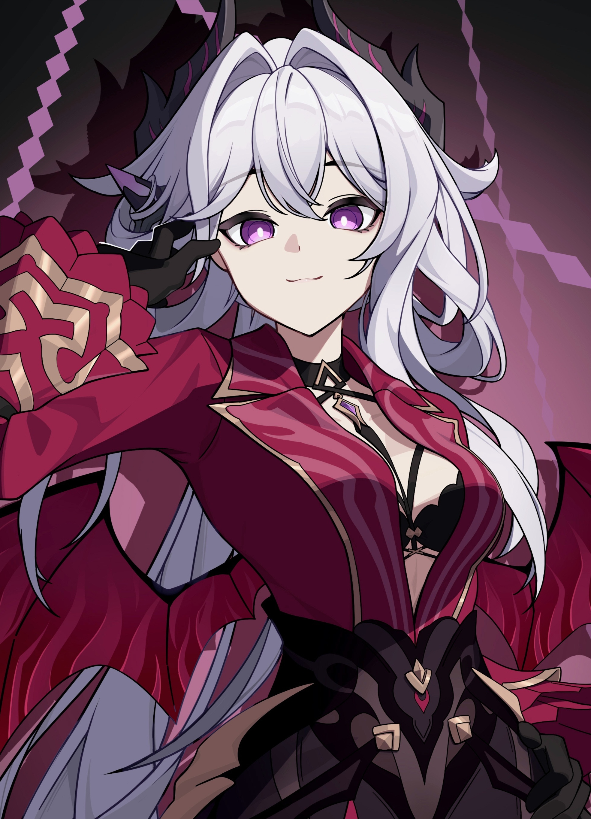 thelema nutriscu, honkai (series), honkai impact 3rd, absurdres, chinese commentary, commentary request, highres, 1girl, black bra, black gloves, black horns, black skirt, bra, breasts, fake horns, gloves, hair intakes, horns, large breasts, long hair, looking at viewer, official alternate costume, purple background, purple eyes, red shirt, shirt, skirt, smile, solo, underwear, very long hair, white hair, xixuan z