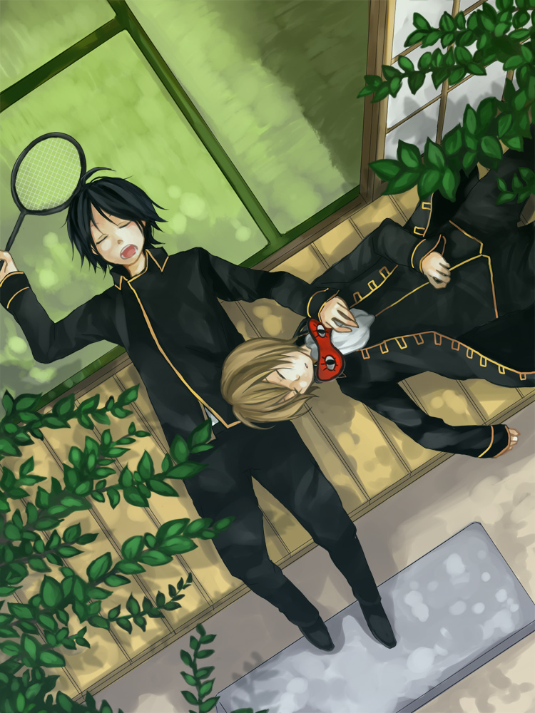 tama (songe), okita sougo, yamazaki sagaru, gintama, bad id, bad pixiv id, 00s, 2boys, badminton racket, from above, male focus, multiple boys, racket, sleep mask, sleeping, tatami, veranda