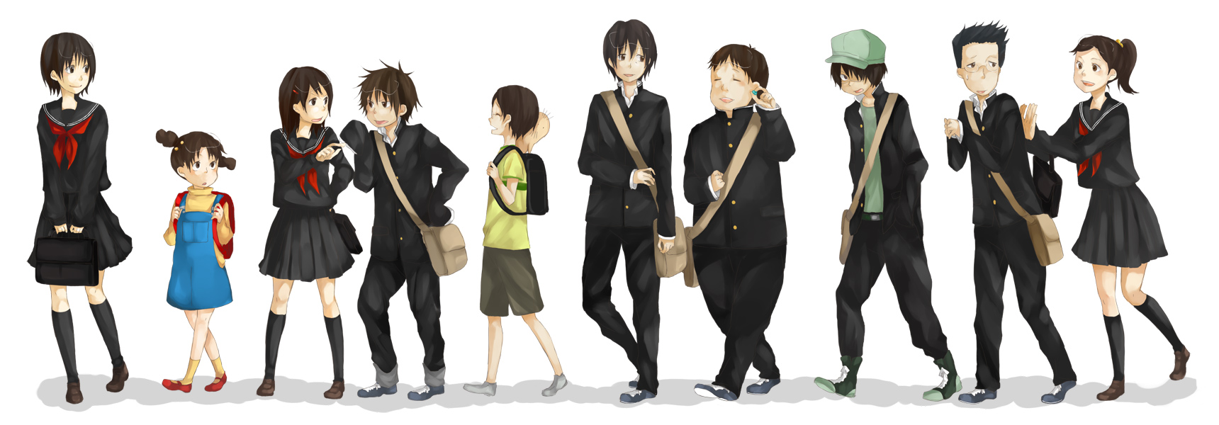 tama (songe), aiko (dennou coil), denpa (dennou coil), gachagiri (dennou coil), harakawa ken'ichi, hashimoto akira, hashimoto fumie, namecchi (dennou coil), okonogi kyouko, okonogi yuuko, oyaji (dennou coil), sawaguchi daichi, dennou coil, bad id, bad pixiv id, highres, long image, wide image, 00s, 4girls, 6+boys, backpack, bag, everyone, glasses, multiple boys, multiple girls, randoseru, satchel, school uniform, smile, walking