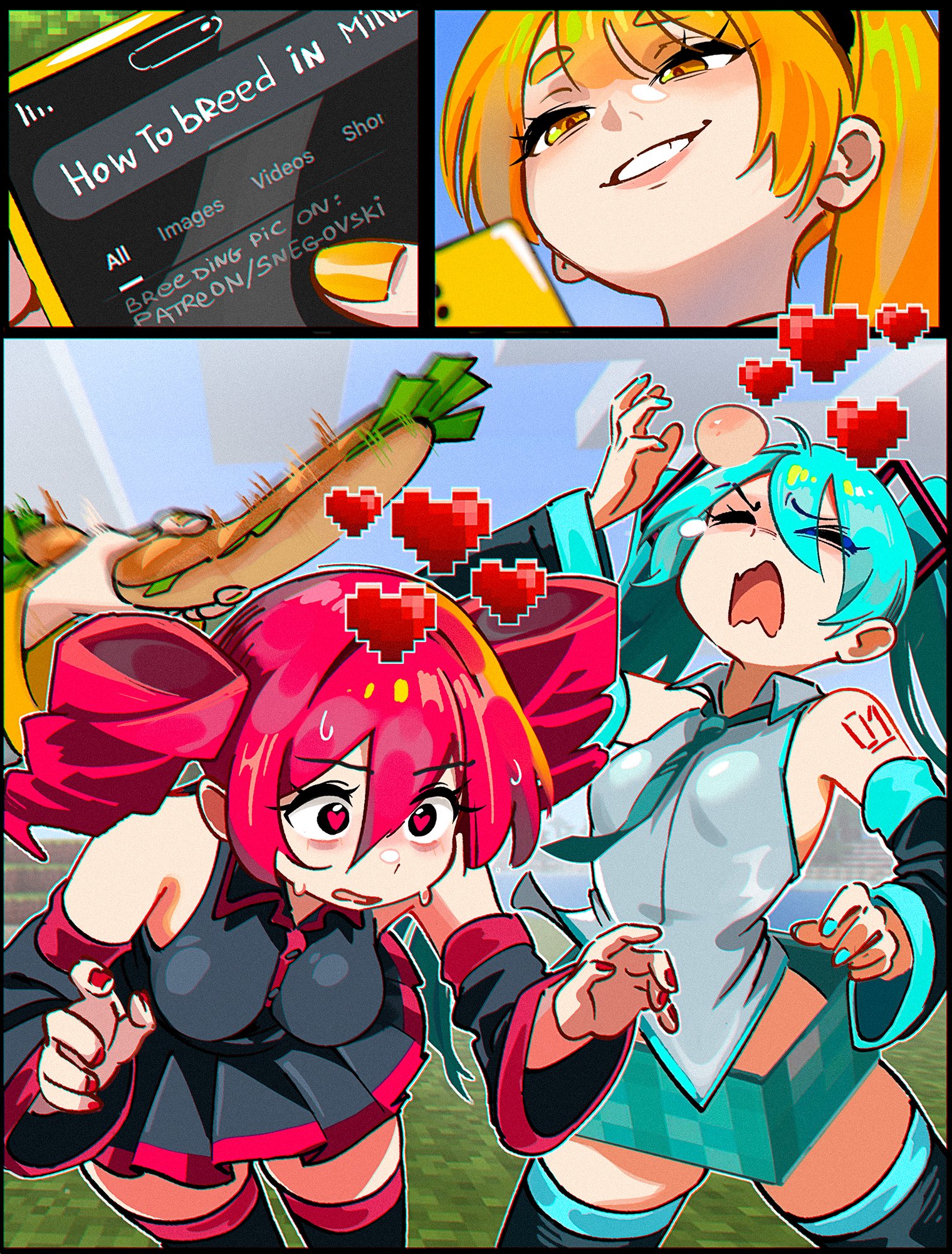 snegovski, akita neru, hatsune miku, kasane teto, kasane teto (utau), minecraft, triple baka (vocaloid), utau, vocaloid, commentary, english commentary, highres, 3girls, aqua hair, aqua nails, aqua necktie, arm tattoo, armpits, baguette, black shirt, black skirt, block (minecraft), blonde hair, bread, breasts, cellphone, choppy bangs, collared shirt, detached sleeves, english text, evil grin, evil smile, food, from below, gameplay mechanics, grey shirt, grin, head bump, heart, heart-shaped pupils, hitting, holding, holding phone, medium breasts, minecraft (style), miniskirt, motion blur, multiple girls, necktie, pain, phone, pixel art, pleated skirt, red hair, ringlets, shirt, skirt, small breasts, smartphone, smile, smirk, spring onion, sweat, sweatdrop, symbol-shaped pupils, tattoo, thighhighs, thighs, wavy mouth, yellow eyes, yuri