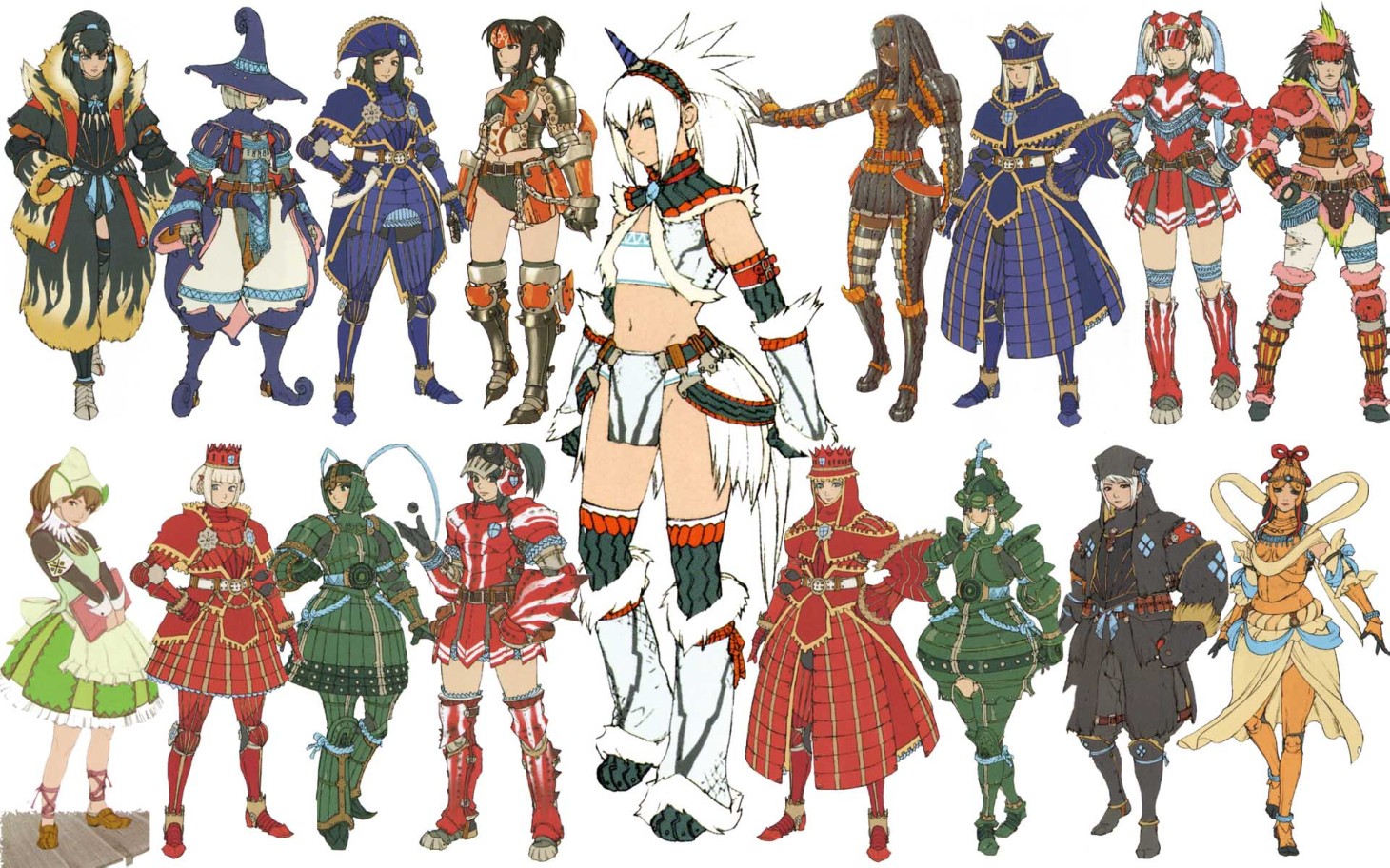 kuroobi (one piece), teostra (armor), capcom, monster hunter (series), fur, official art, 6+girls, ankle lace-up, armband, armor, armored dress, baggy pants, bandeau, belt, black hair, blonde hair, book, boots, breasts, brown hair, chameleos (armor), cleavage, conga (armor), crest, crop top, crossed legs, crown, dark-skinned female, dark skin, dress, dutch cap, elbow gloves, everyone, family crest, flat chest, forehead protector, fur trim, gloves, guardian spirit (armor), gypceros (armor), hand on own hip, hands on own hips, hat, helmet, helper (armor), hermitaur (armor), holding, horns, kirin (armor), knee boots, kuroobi (armor), leg warmers, lineup, loafers, loincloth, long sleeves, looking at viewer, lunastra (armor), midriff, multiple girls, navel, pants, pleated skirt, ponytail, pteruges, rajang (armor), ribbon, shen gaoren (armor), shoes, short hair, short twintails, simple background, single horn, sitting, skirt, small breasts, spiked hair, split-toe footwear, standing, thigh boots, thigh strap, thighhighs, torn clothes, turtleneck, twintails, watson cross, white hair, wide sleeves, witch hat, wrist cuffs, yama tsukami (armor), zettai ryouiki