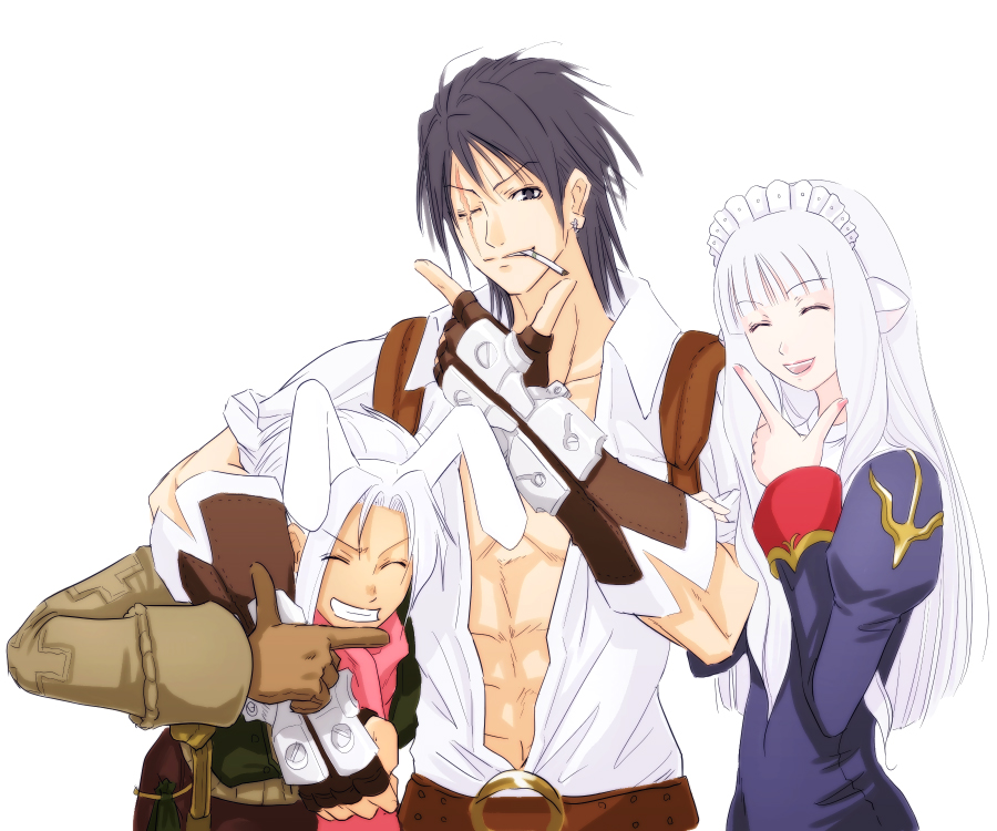 mr.romance, axe assa, blacksmith (ragnarok online), priest (ragnarok online), thief (ragnarok online), whitemaria, ragnarok online, 1girl, 2boys, animal ears, blacksmith, cigarette, long hair, multiple boys, priest, priestess, rabbit ears, scar, scar across eye, scar on face
