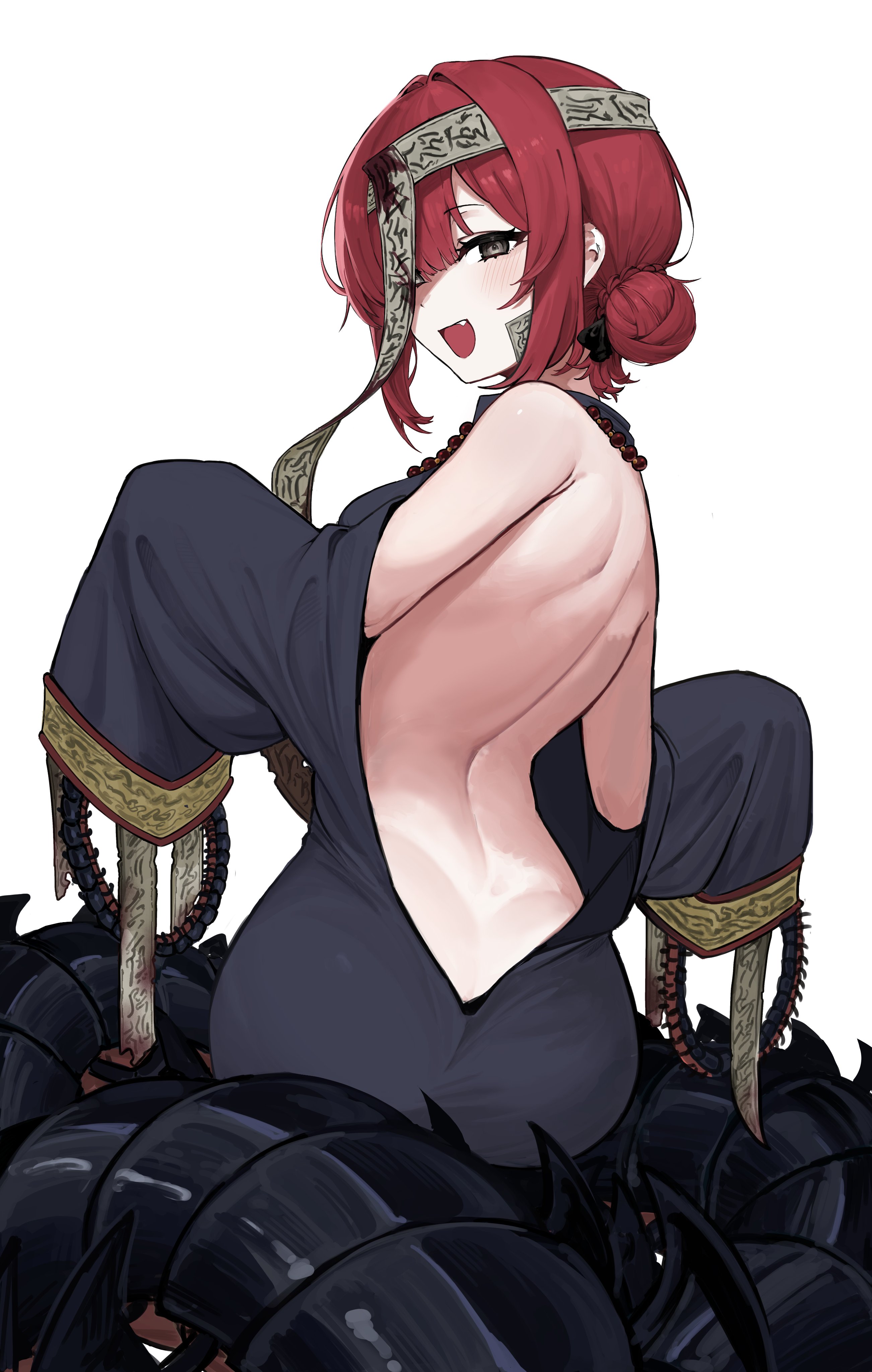 kim nyangpeon, yuri (project moon), limbus company, project moon, absurdres, commentary, highres, symbol-only commentary, 1girl, :d, alternate costume, arthropod girl, ass, backless outfit, bare back, bare shoulders, bead necklace, beads, black robe, bow, braid, bug, bun with braided base, centipede, centipede girl, cowboy shot, e.g.o (project moon), fang, from behind, grey eyes, hair bow, hair bun, hands up, headband, hundred-footed death maggot (e.g.o), jewelry, long sleeves, looking at viewer, medium hair, necklace, ofuda, open mouth, red hair, robe, simple background, sitting, sleeves past fingers, sleeves past wrists, smile, solo, w arms, white background