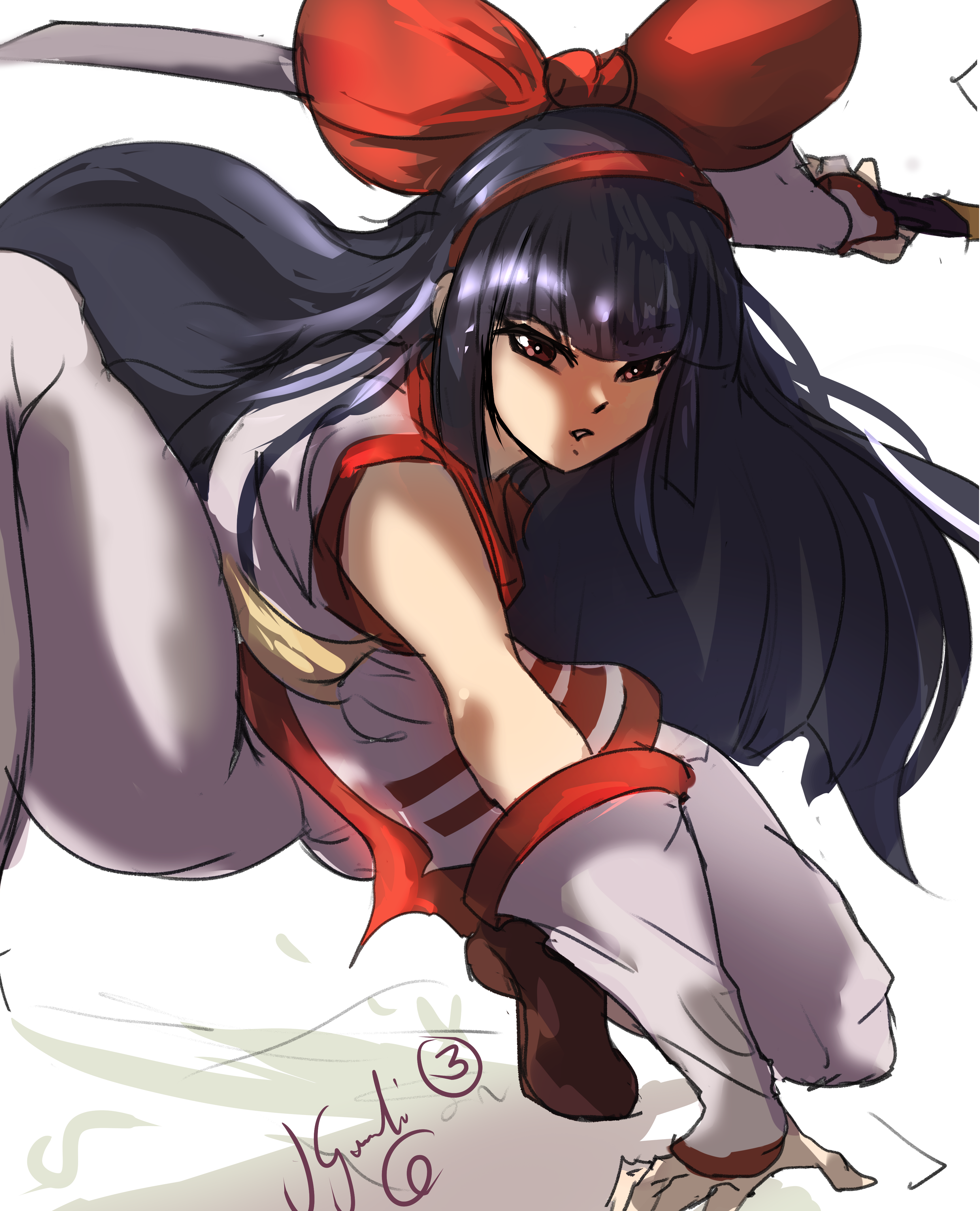 nakoruru, samurai spirits, snk, the king of fighters, highres, 1girl, ainu clothes, arm support, artist name, black hair, fighting stance, fingerless gloves, gloves, hair ribbon, kneeling, legs, long hair, looking at viewer, pants, parted lips, ribbon, serious, solo, spread legs, teeth, thighs, weapon