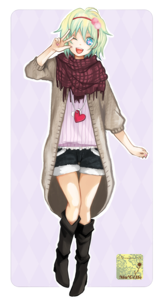 tama (songe), nia teppelin, tengen toppa gurren lagann, 00s, 1girl, blue eyes, boots, casual, fashion, female focus, green hair, hairband, happy, one eye closed, rounded corners, scarf, short hair, shorts, solo, v, wink