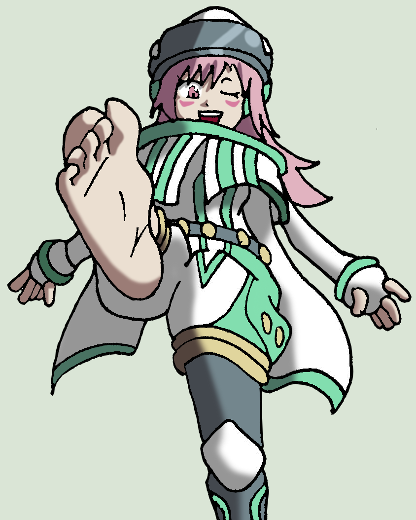 koter, tuning magician, konami, yu-gi-oh!, 1girl, barefoot, belt, blush stickers, cape, cloak, feet, foot focus, hat, jacket, knee pads, looking at viewer, one eye closed, pink eyes, pink hair, shorts, simple background, soles, toes, wizard