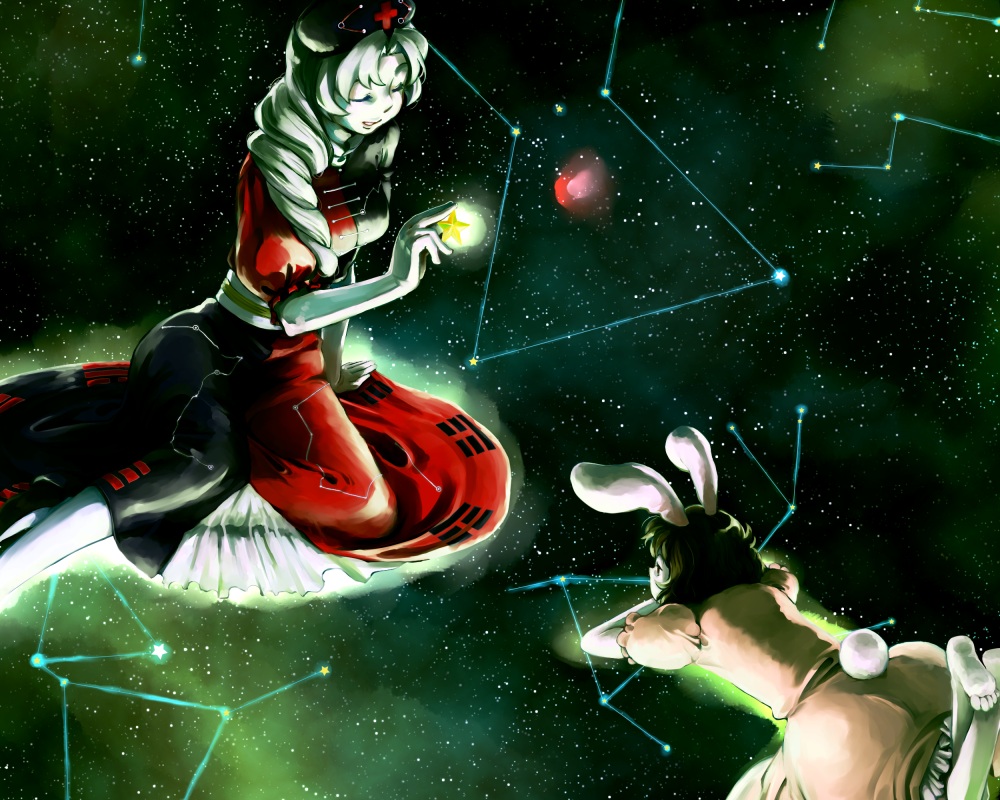 yukataro, inaba tewi, yagokoro eirin, touhou, silver hair, bad id, bad pixiv id, 2girls, animal ears, barefoot, black hair, braid, constellation, crossed legs, dress, female focus, floating, galaxy, glowing, hat, holding, light smile, long hair, looking down, lying, magic, multiple girls, pale skin, pink dress, rabbit ears, rabbit tail, shooting star, short hair, single braid, sitting, sky, soles, star (sky), star (symbol), starry sky, tail, trigram, watching