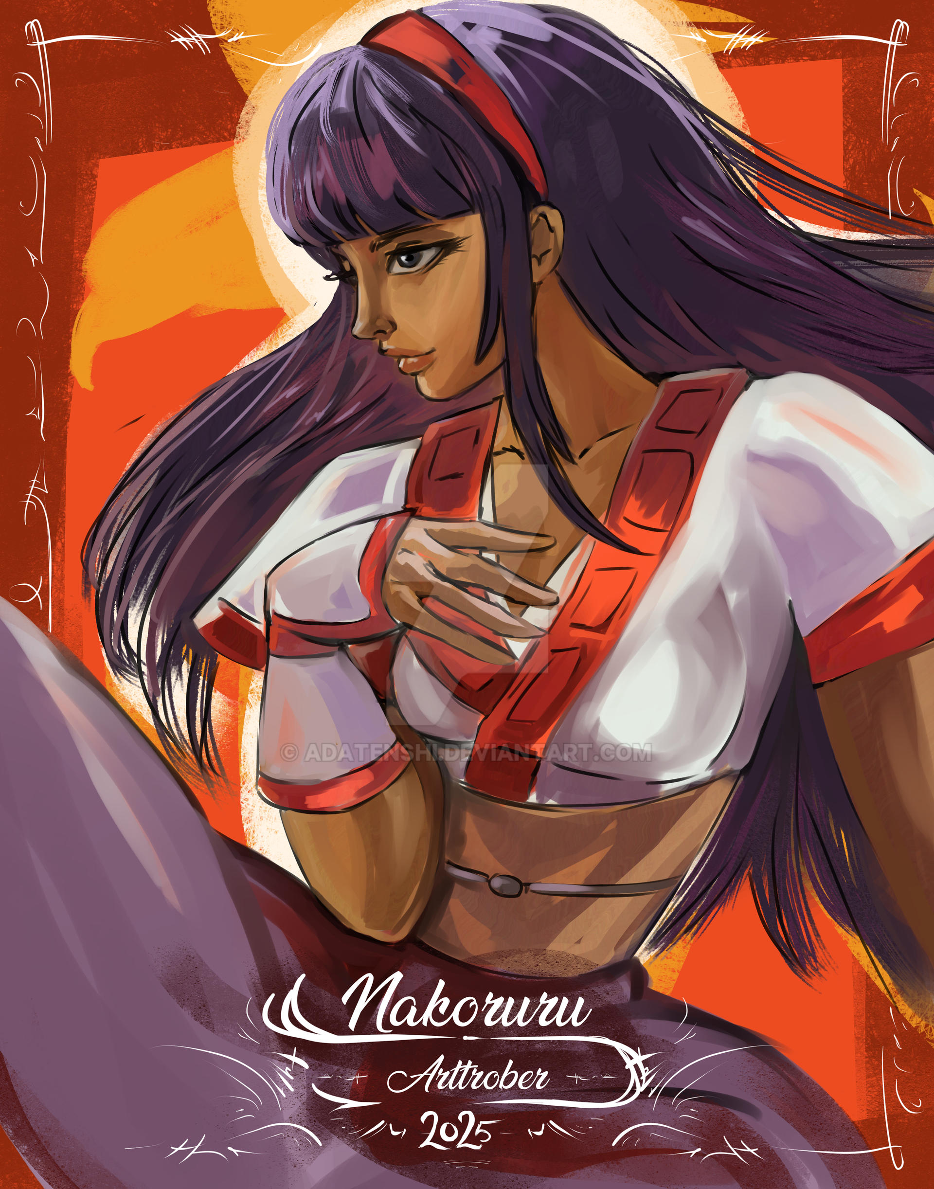 nakoruru, samurai spirits, snk, the king of fighters, highres, 1girl, ainu clothes, breasts, character name, english text, fingerless gloves, gloves, hair ribbon, legs, long hair, medium breasts, pants, pink lips, purple eyes, purple hair, ribbon, sitting, smile, solo, spread legs, thighs, watermark