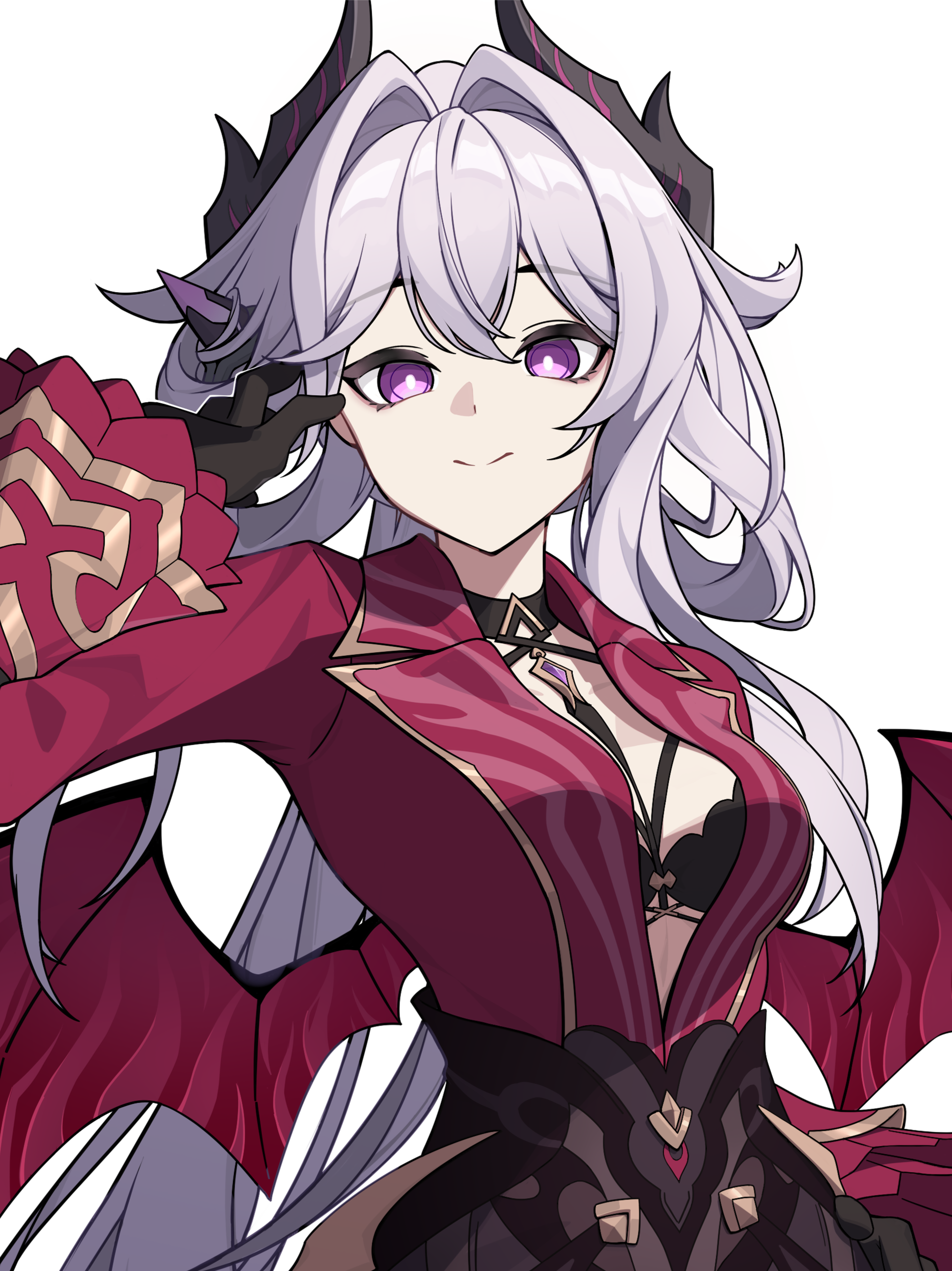 thelema nutriscu, honkai (series), honkai impact 3rd, absurdres, chinese commentary, commentary request, highres, 1girl, black bra, black gloves, black horns, black skirt, bra, breasts, fake horns, gloves, hair intakes, horns, large breasts, long hair, looking at viewer, official alternate costume, purple eyes, red shirt, shirt, simple background, skirt, smile, solo, underwear, very long hair, white background, white hair, xixuan z