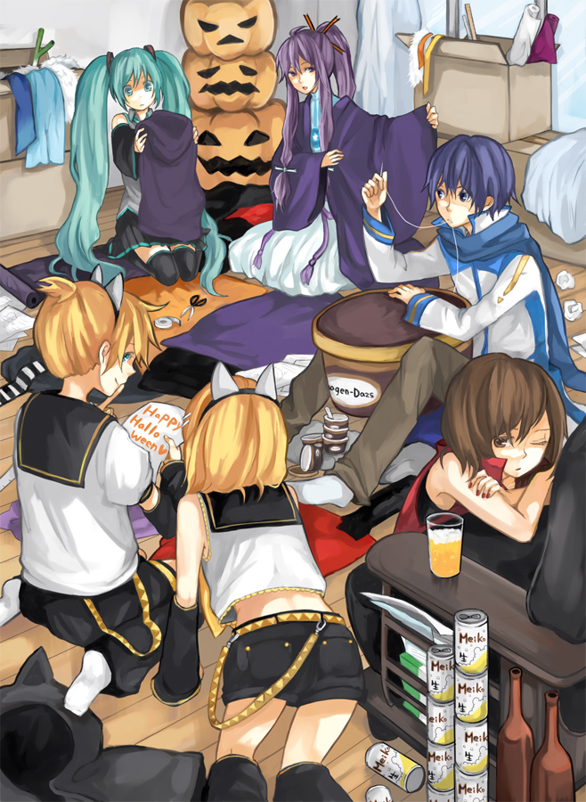 tama (songe), hatsune miku, kagamine len, kagamine rin, kaito (vocaloid), kamui gakupo, meiko (vocaloid), vocaloid, 3boys, 3girls, alcohol, animal ears, aqua hair, beer, bottle, can, food, halloween, happy halloween, ice cream, jack-o'-lantern, kneeling, multiple boys, multiple girls, product placement, pumpkin, sewing, sitting, spring onion