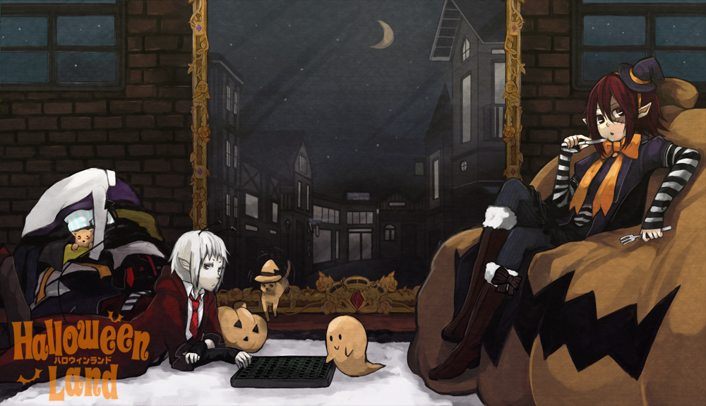 tama (songe), halloween land, bad id, bad pixiv id, 1boy, 1girl, antennae, cat, fork, ghost, halloween, jack-o'-lantern, knife, laundry, lying, moon, night, patch, pumpkin, scar, stitches, tail