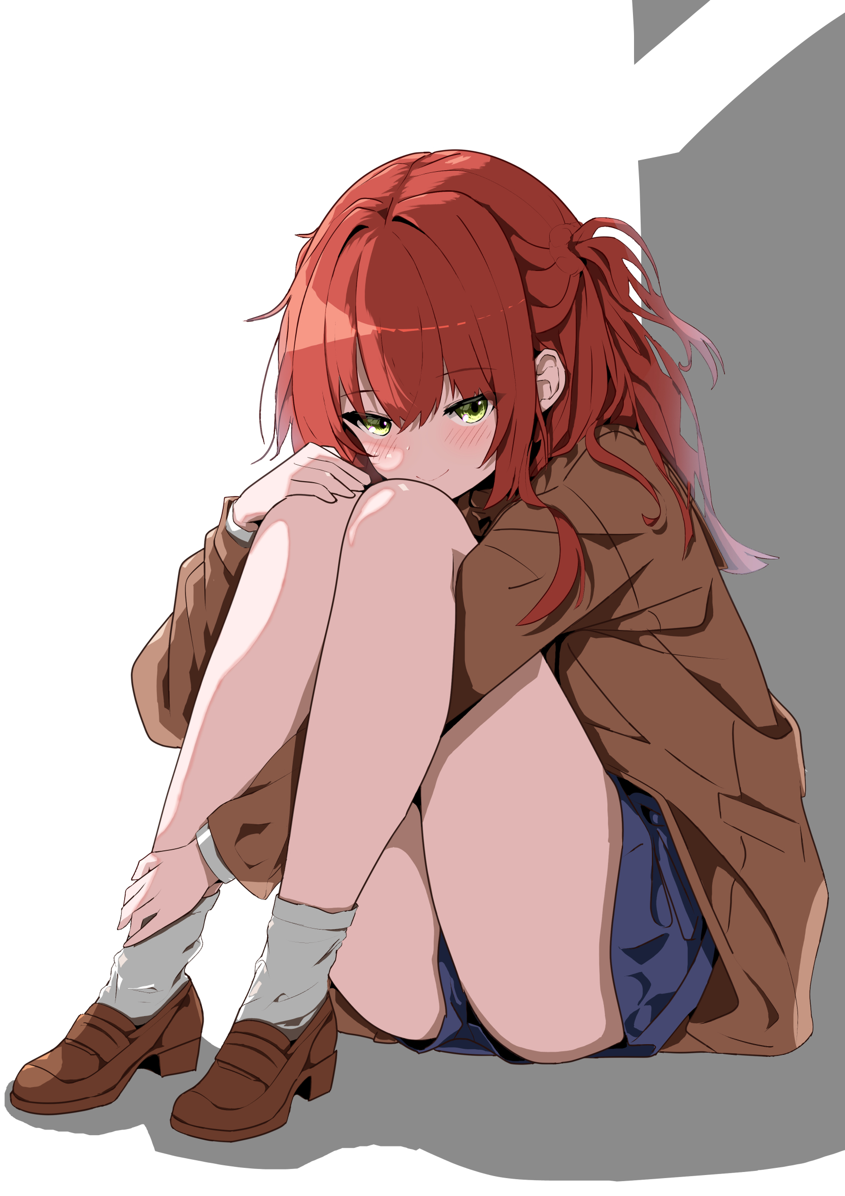 kita ikuyo, bocchi the rock!, commentary request, highres, 1girl, blue skirt, brown jacket, brown shoes, full body, hogihogi3ta, hugging own legs, jacket, knees to chest, knees up, loafers, long hair, looking at viewer, red hair, shoes, sidelighting, sitting, skirt, smile, socks, solo, thighs, white socks