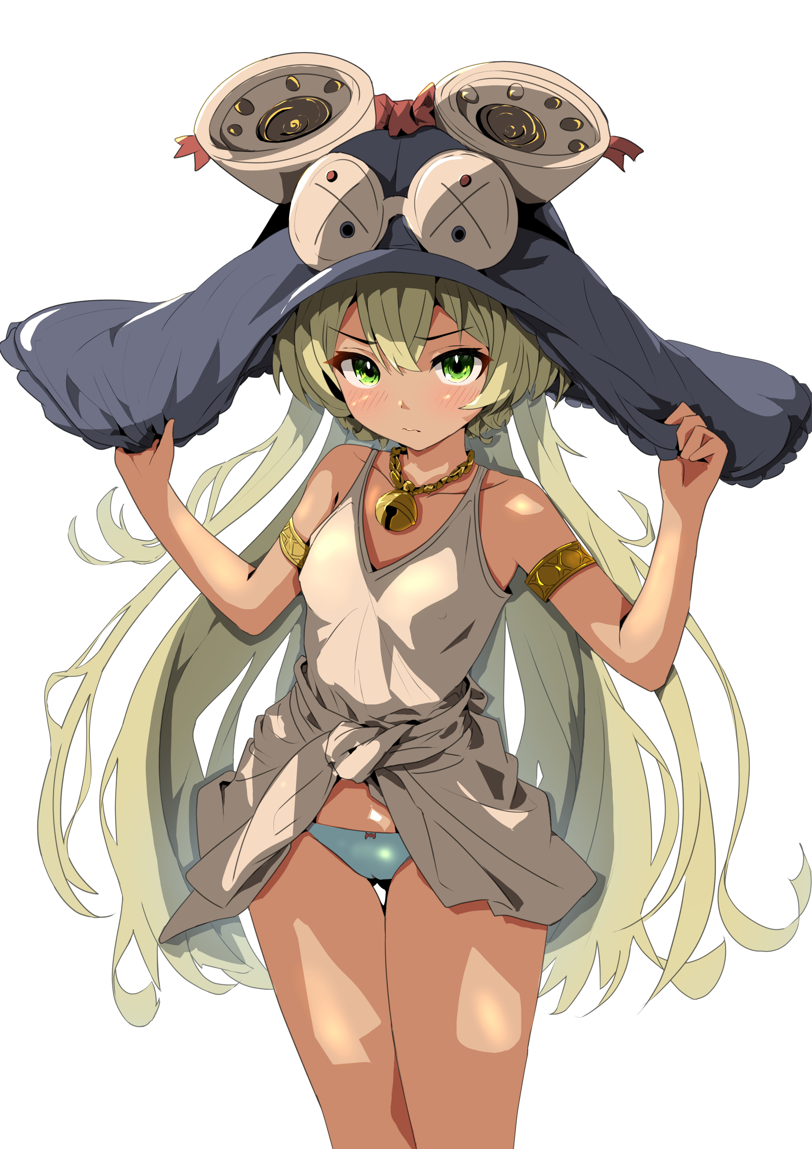 original, highres, 1girl, armlet, bell, blue panties, clothes around waist, covered erect nipples, green eyes, hogihogi3ta, jewelry, jingle bell, large hat, light frown, long hair, looking at viewer, panties, petite, shirt, simple background, sleeveless, sleeveless shirt, solo, sweater, sweater around waist, underwear, white background